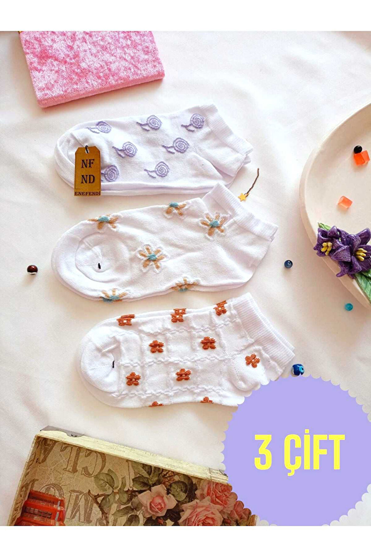 3 ÇİFT PAMUKLU PATİK ÇORAP DİKİŞSİZ KISA KONÇ DESENLİ KADIN ÇORABI 36-40 MOR MAVİ BEYAZ KAHVE