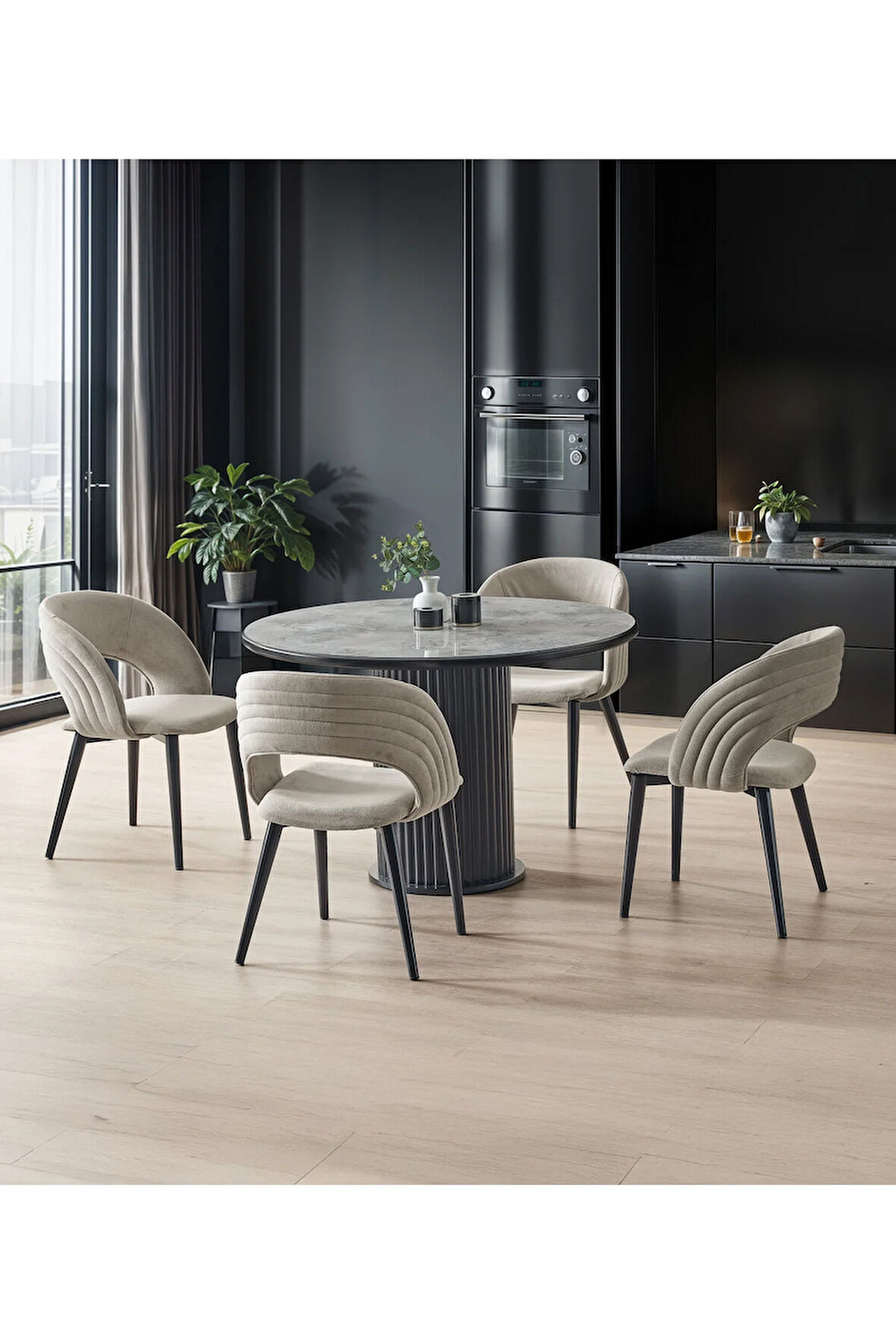 İstanbul’88 Yuvarlak Masa Takımı – Gri Mermer Siyah Ayak. 4 Kapuçino Sandalyeli. Ø120 cm