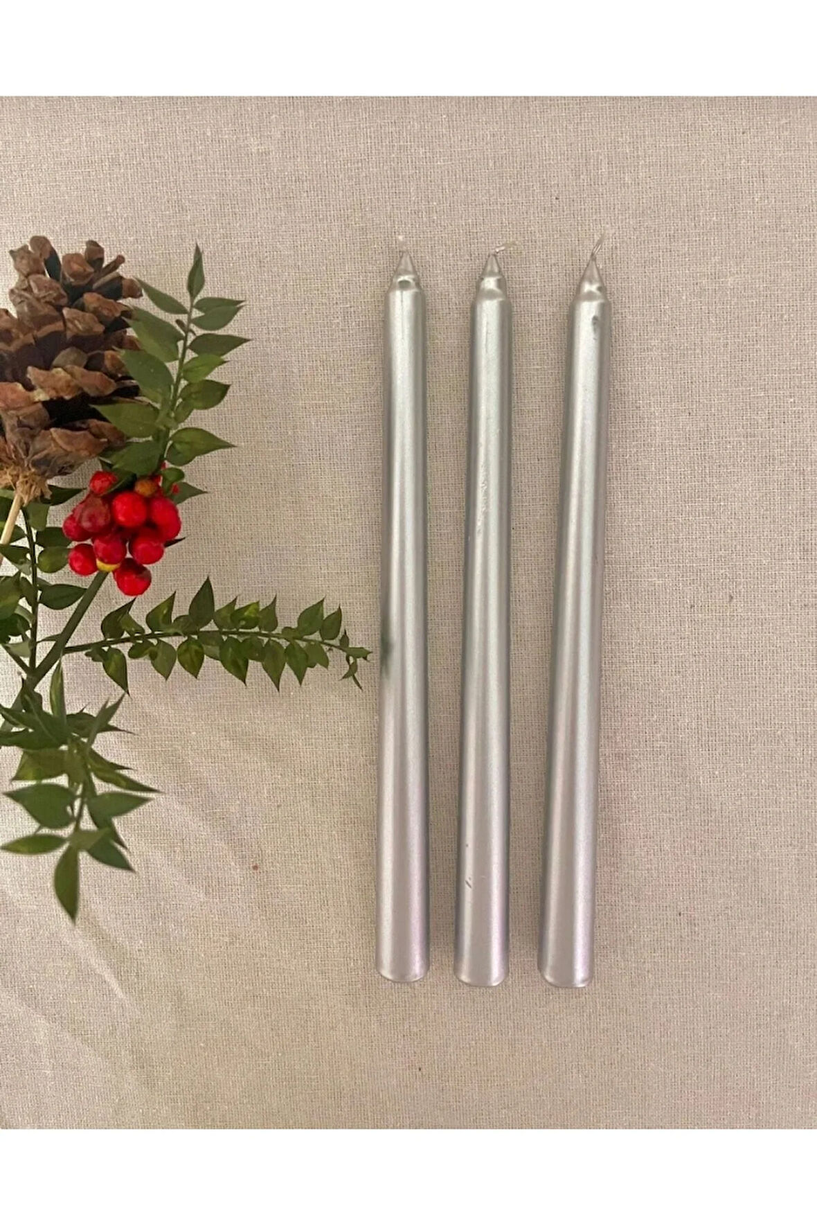 3'lü Metalik Gri-Şamdan Mum-Konik Mum