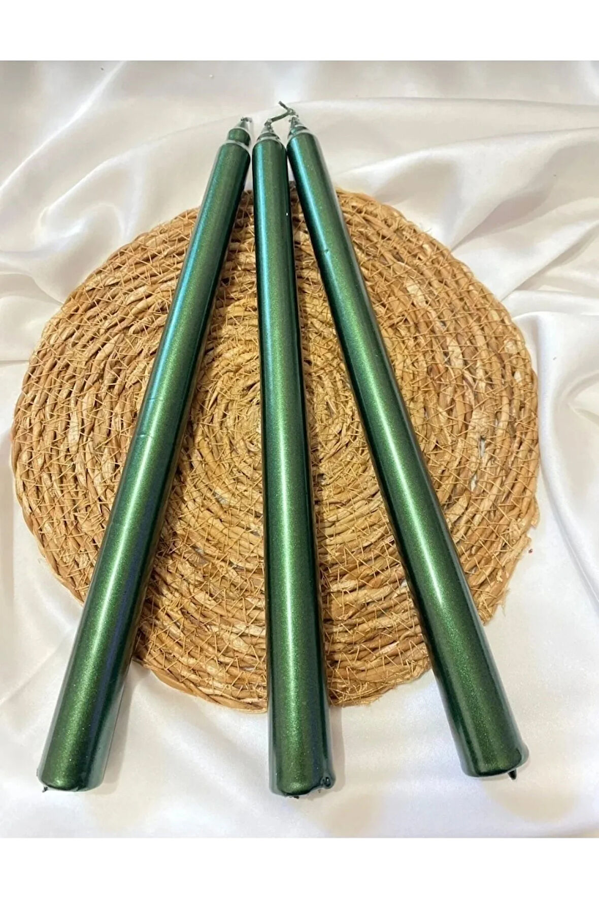 3'lü Metalik Yeşil -Şamdan Mum-Konik Mum