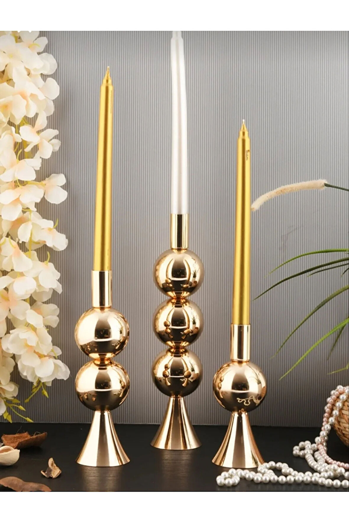 2'li Metalik Gold ve İnci Beyaz-Şamdan Mum-Konik Mum