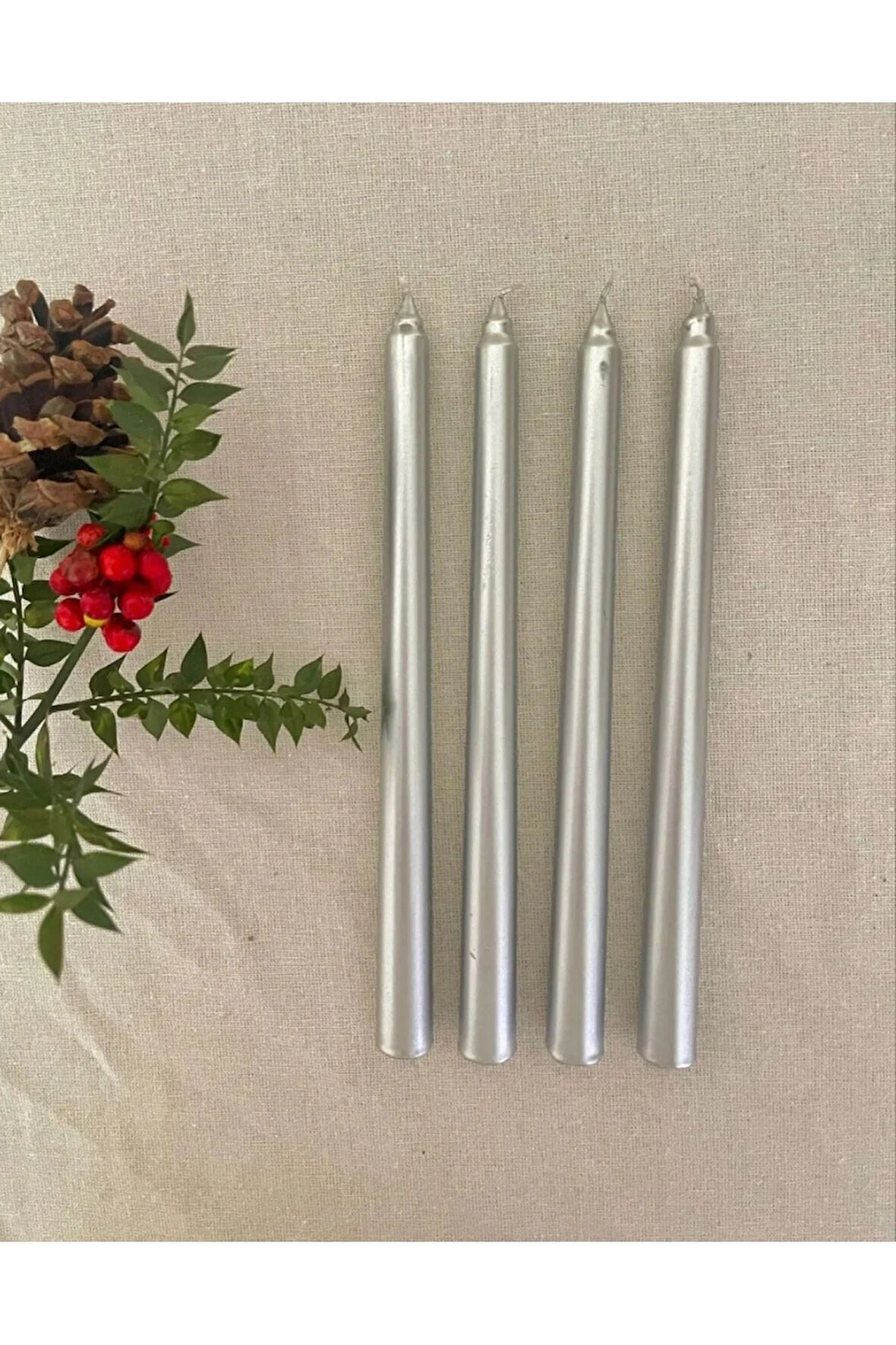 4'lü Metalik Gri-Şamdan Mum-Konik Mum