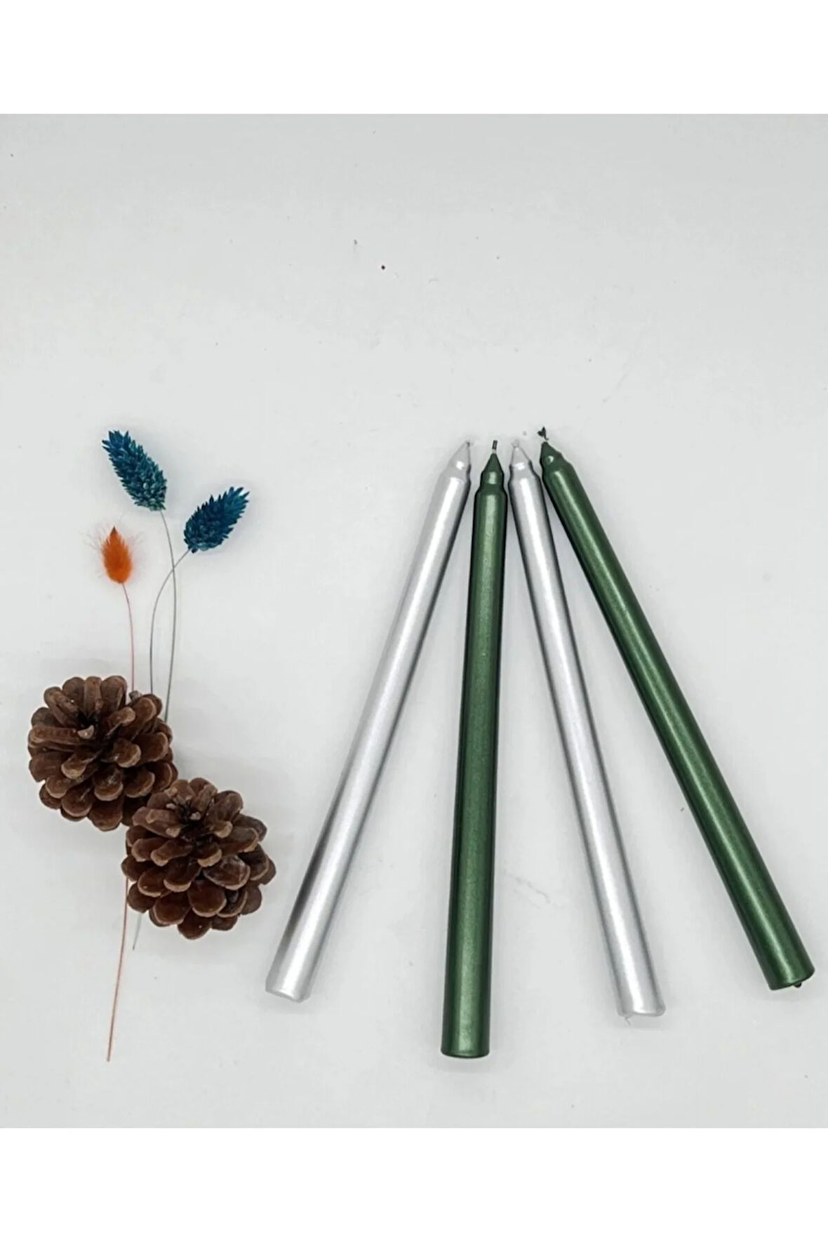 4'lü Metalik Gri ve Yeşil-Şamdan Mum-Konik Mum