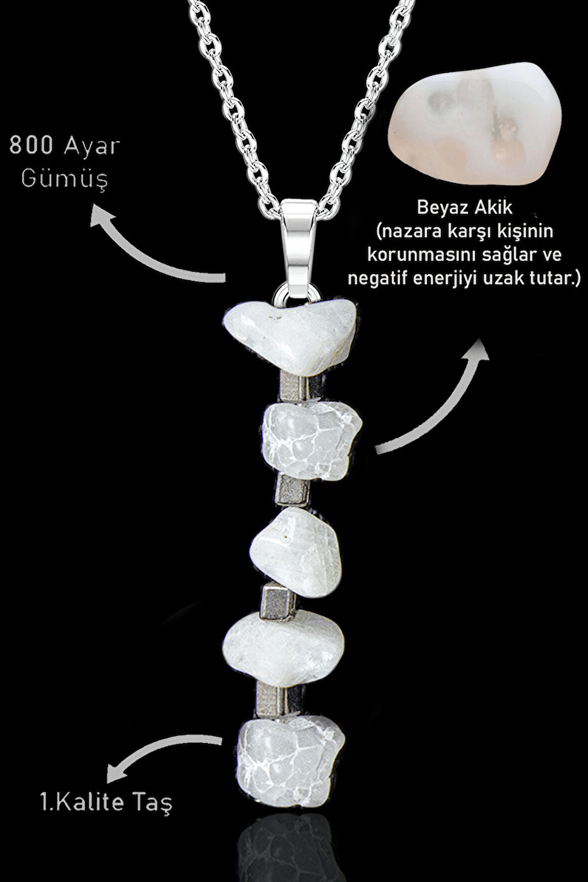 Sertifikalı Kırık Taşlı Model Beyaz Akik Taşı Kolye