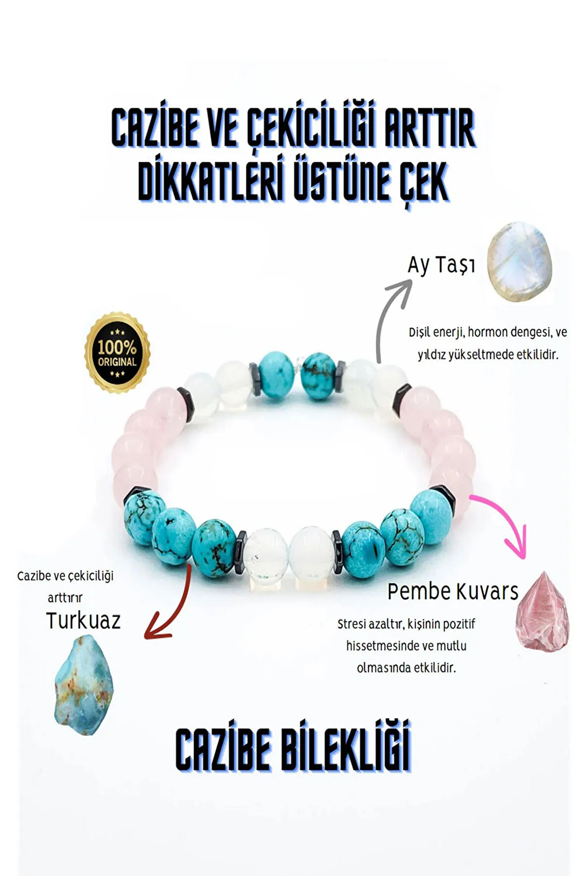 Cazibe Doğal Taş Tılsım Bilekliği  Aytaşı Pembe Kuvar Turkuaz