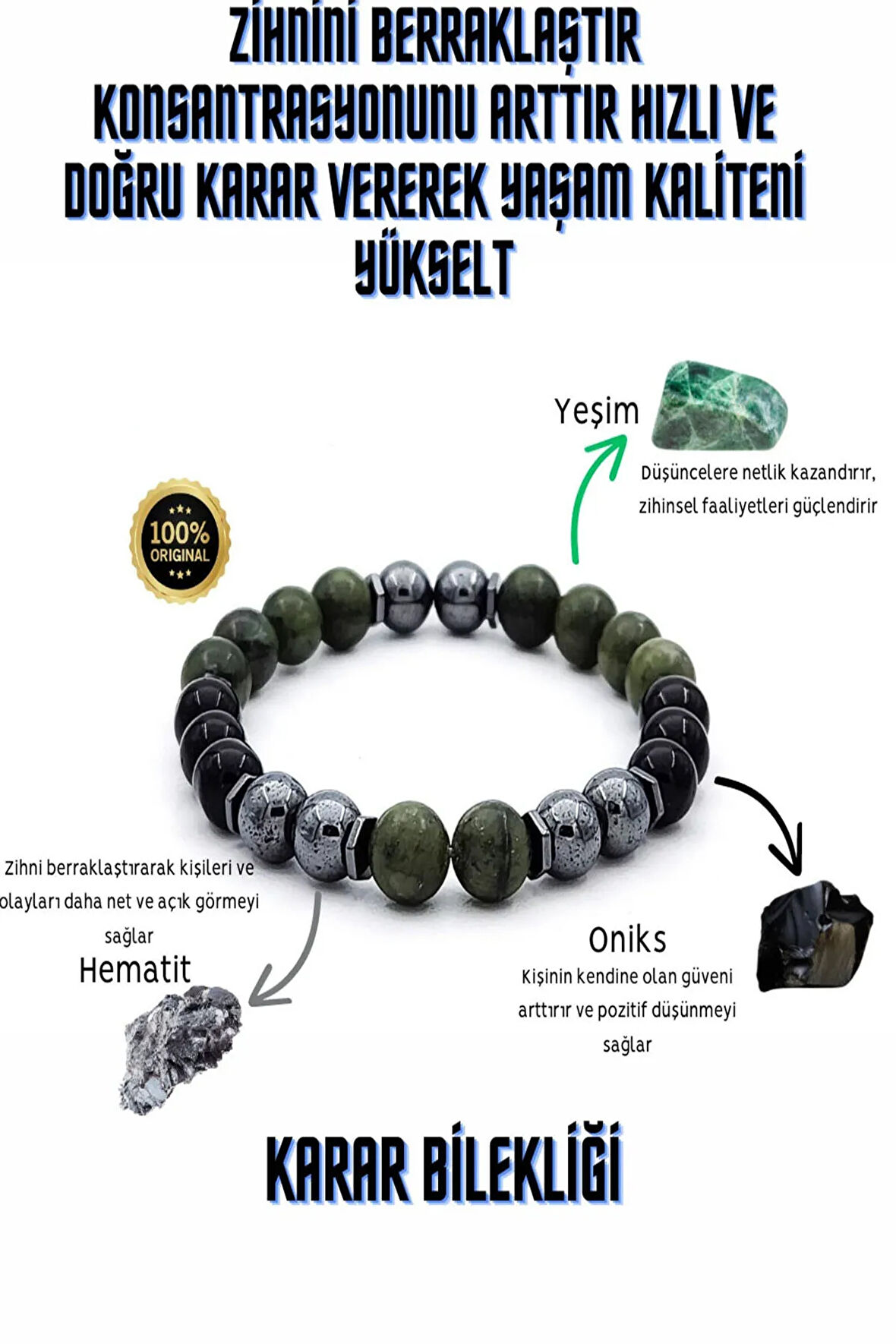 Doğal Taş Karar Tılsım Bilekliği  ( Yeşim Taşı, Oniks, Hematit )