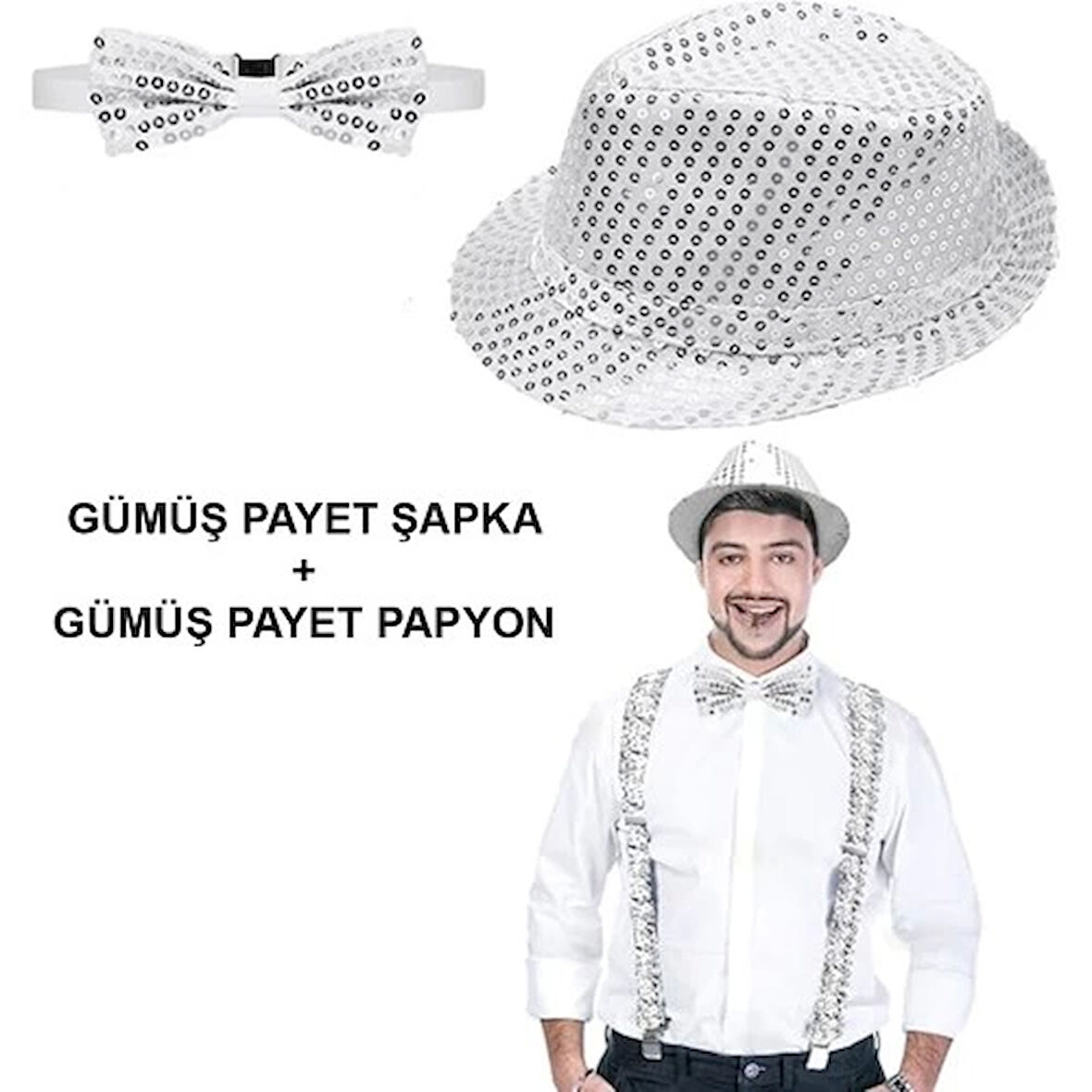 Gümüş Payetli Şapka ve Papyon Seti - Parıltılı Yetişkin Kostüm Seti