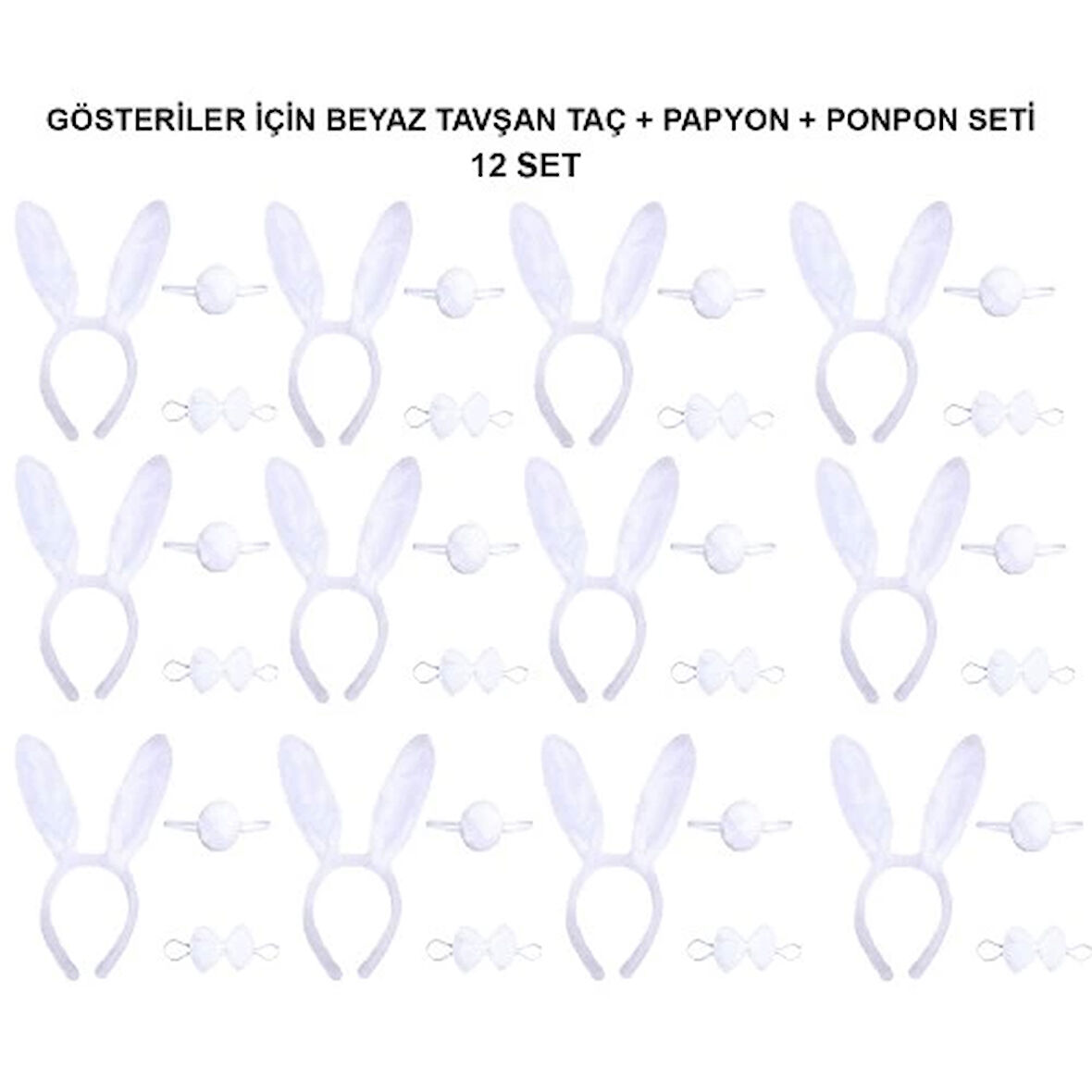 Beyaz Tavşan Kostüm Seti - Taç, Papyon, Kuyruk (12 li Paket)