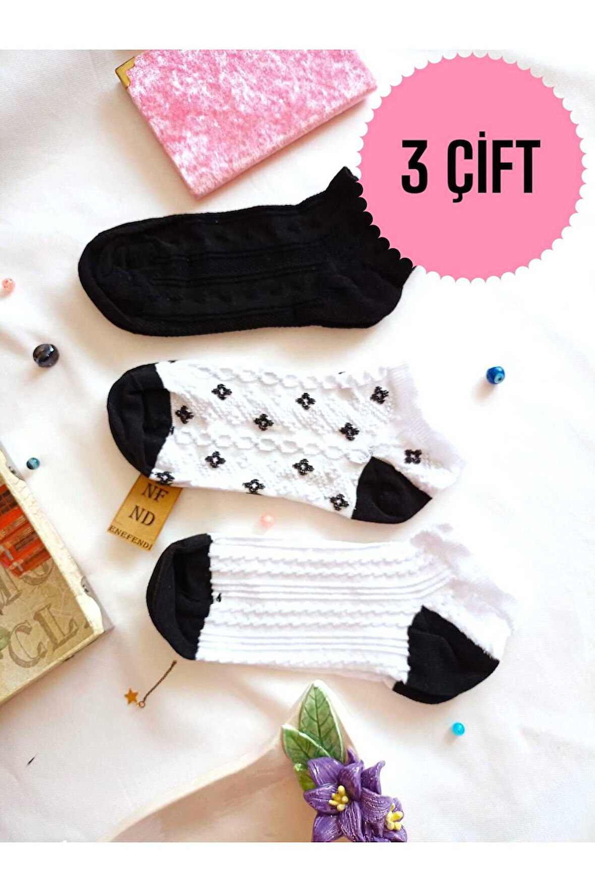 3 ÇİFT BURUN DİKİŞSİZ ÇORAP PATİK YUMUŞAK PAMUKLU KISA KONÇ DESENLİ KADIN ÇORABI 36-40