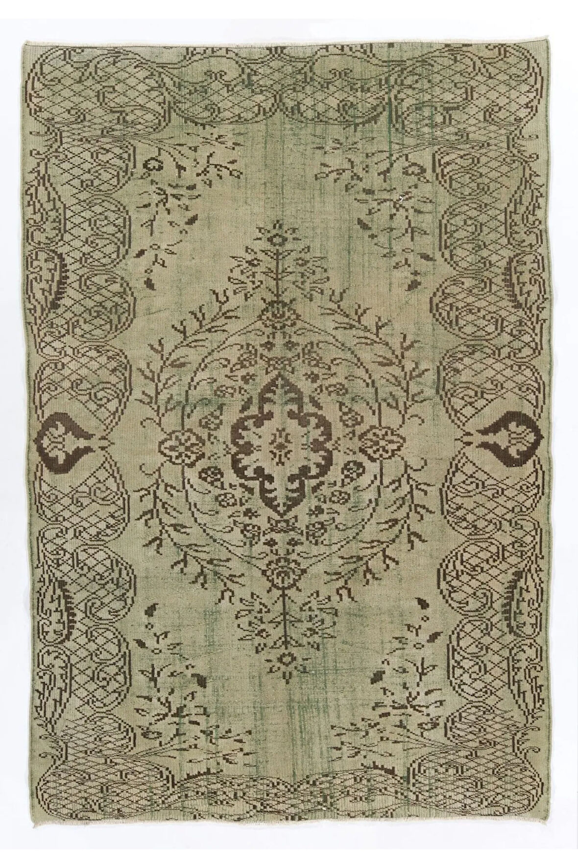 178x262 Cm El Dokuması Yeniden Boyanmış Eski Türk Halısı, Modern Yeşil El Yapımı Yünlü Halı
