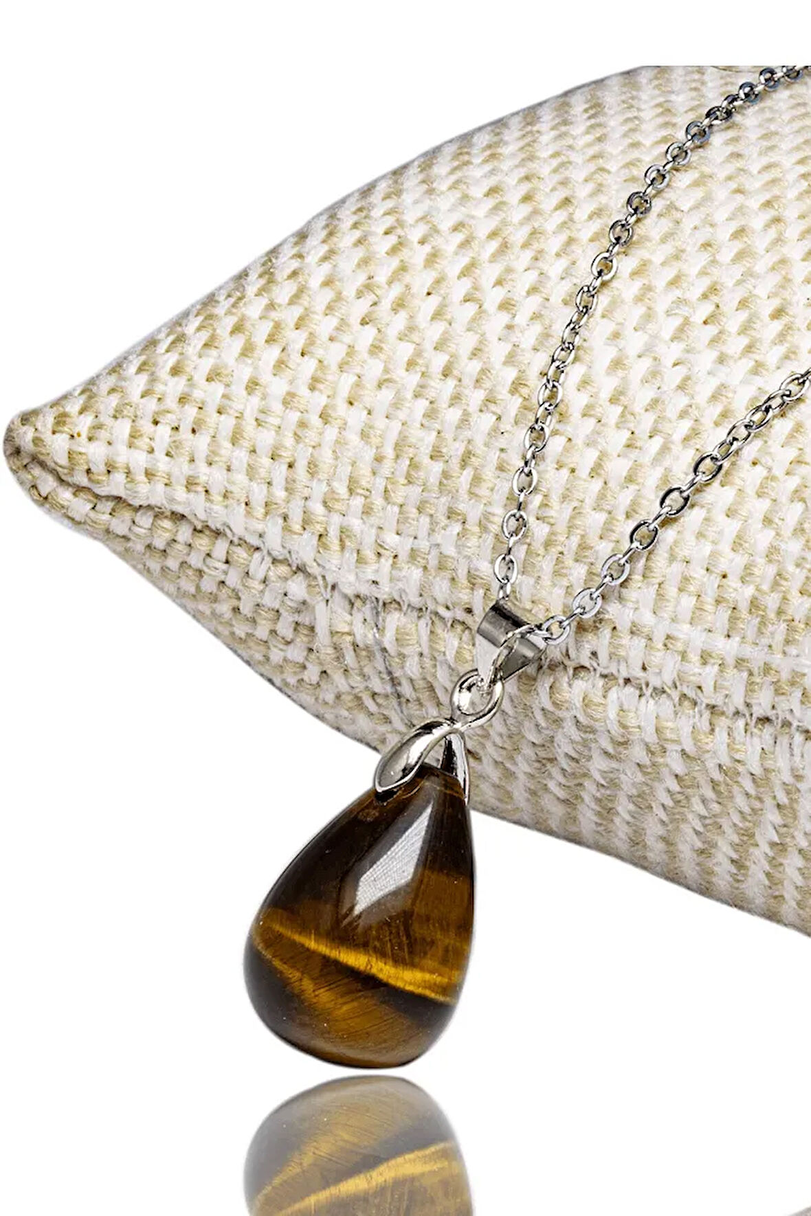 Sertifikalı Damla Drop Kaplan Gözü Taşı Kolye - Gümüş Aparatlı