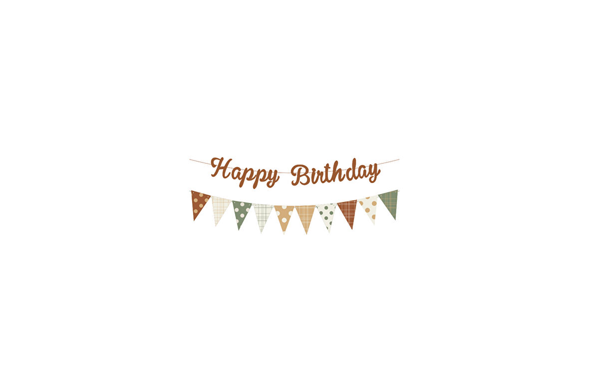 Karamel Happy Birthday Kaligrafi Banner ve Desenli Flama Set