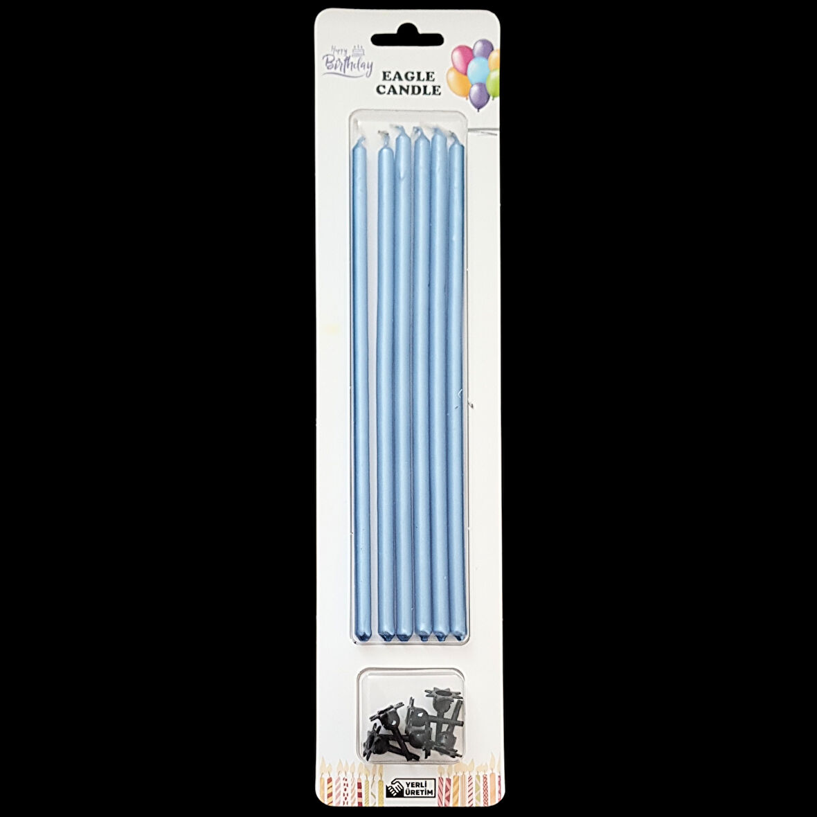 Mavi Metalik İnce Uzun Pasta Mum 20 cm * 6 Adet