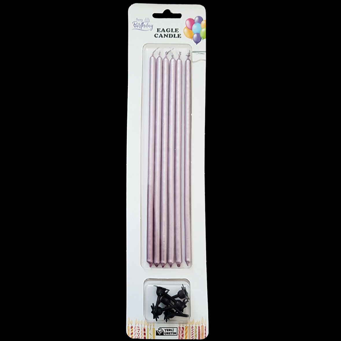 Pembe Metalik İnce Uzun Pasta Mum 20 cm * 6 Adet