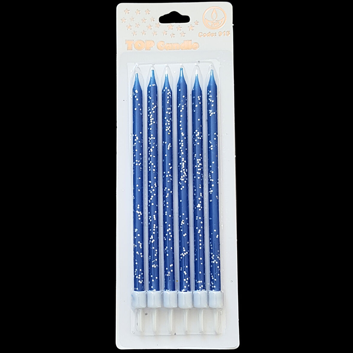 Mavi Gümüş Pullu İnce Uzun Pasta Mum 16 cm * 6 Adet