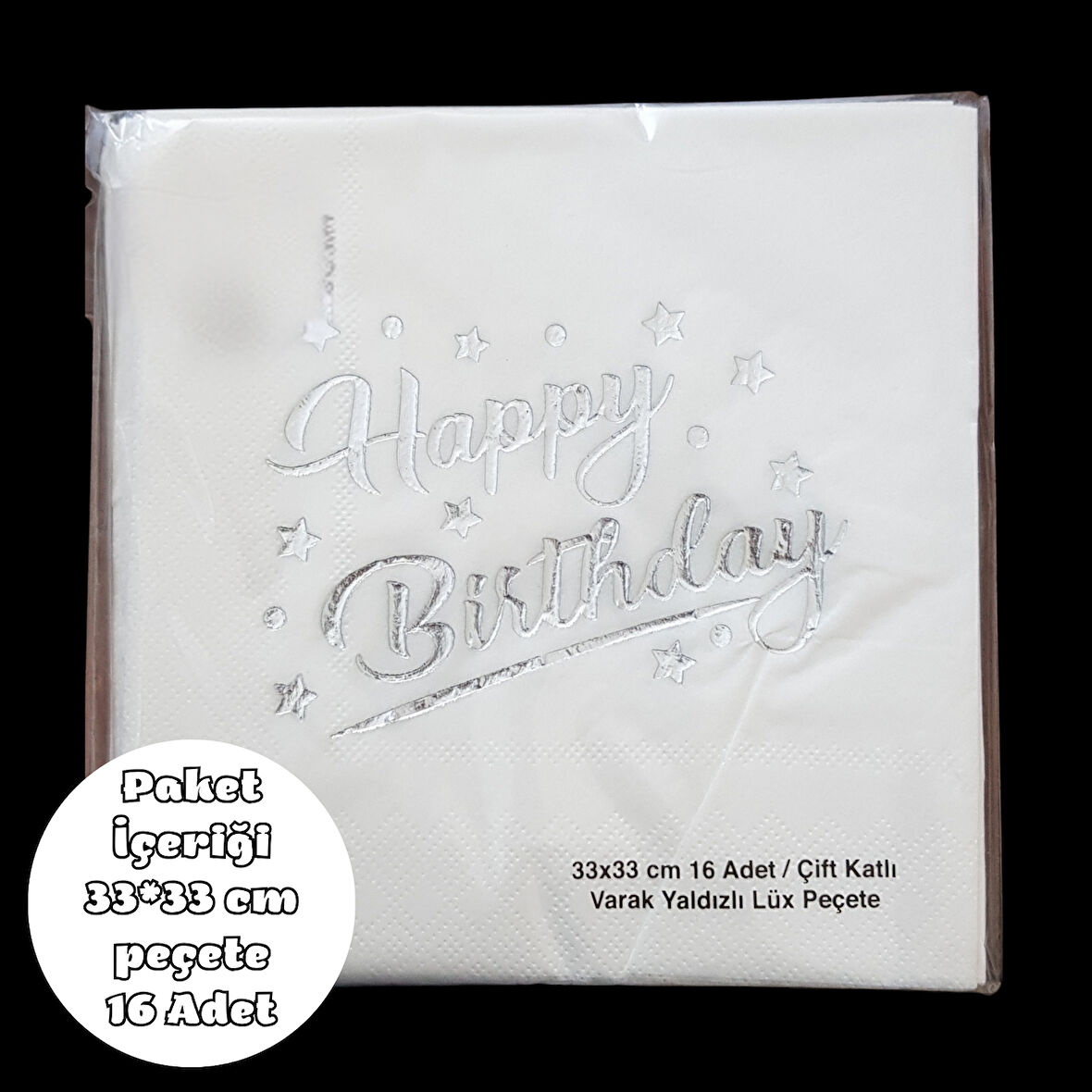Happy Birhday Metalik Gümüş Baskılı Peçete 33*33 cm 16 Adet