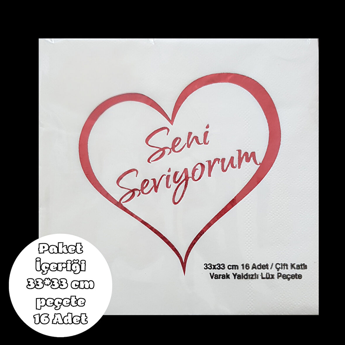 Seni Seviyorum Metalik Kırmızı Baskılı Peçete 33*33 cm 16 Adet
