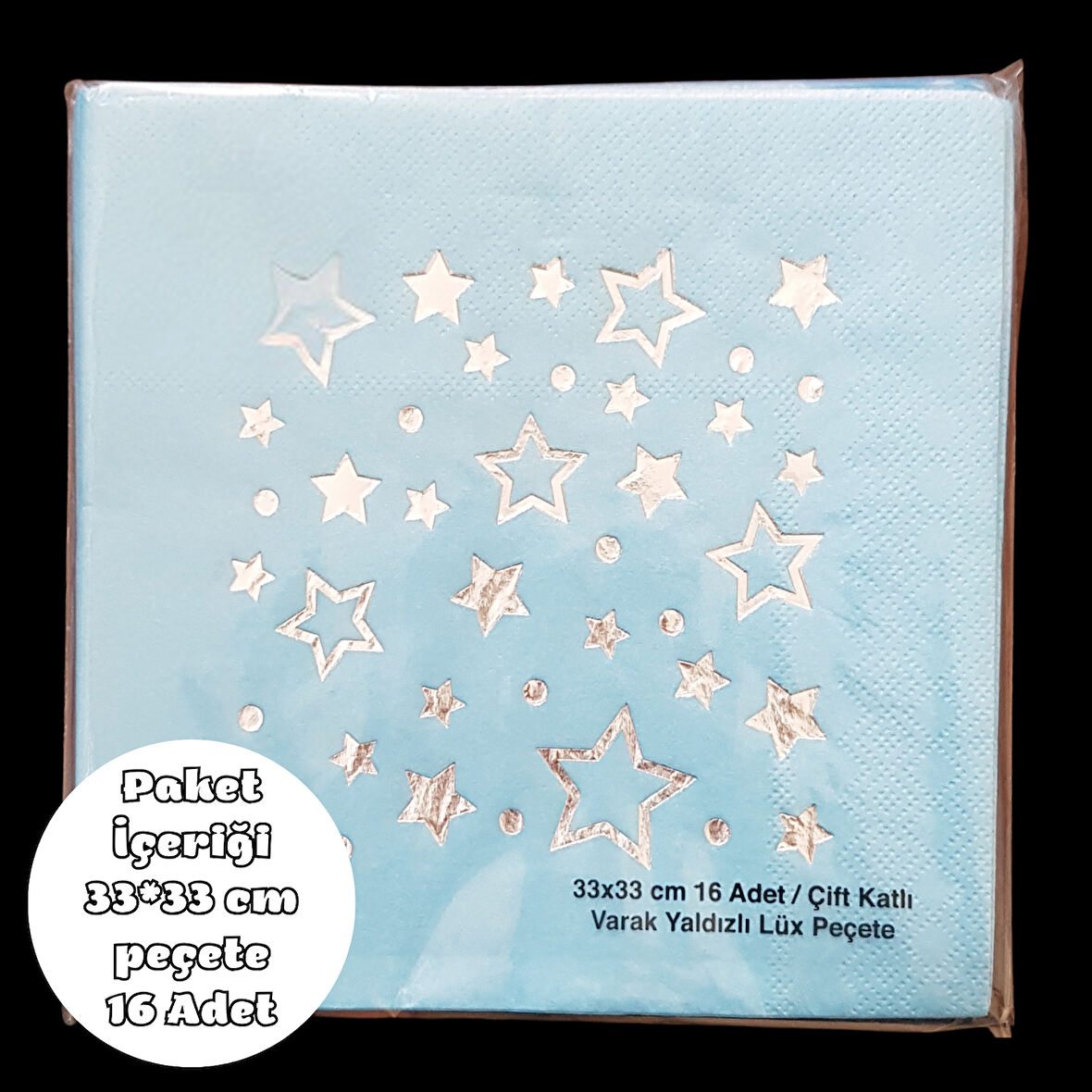 Mavi Üzeri Gümüş Yıldız Baskılı Metalik Peçete 33*33 cm 16 Adet