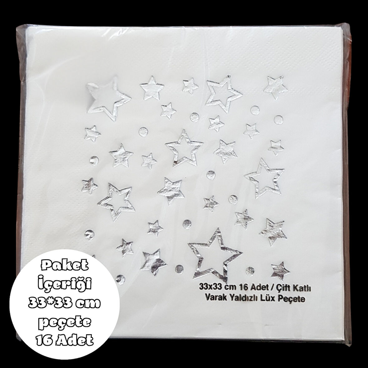 Beyaz Üzeri Gümüş Yıldız Baskılı Metalik Peçete 33*33 cm 16 Adet