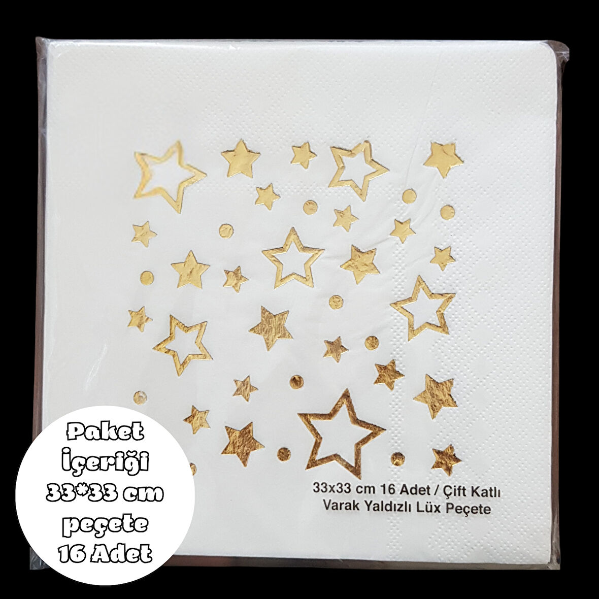 Beyaz Üzeri Altın Yıldız Baskılı Metalik Peçete 33*33 cm 16 Adet
