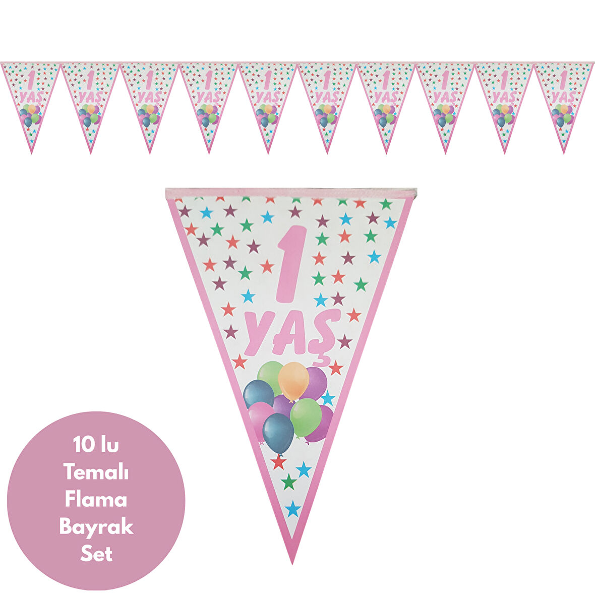 1 Yaş Yıldızlı Pembe Flama Bayrak Set Süs