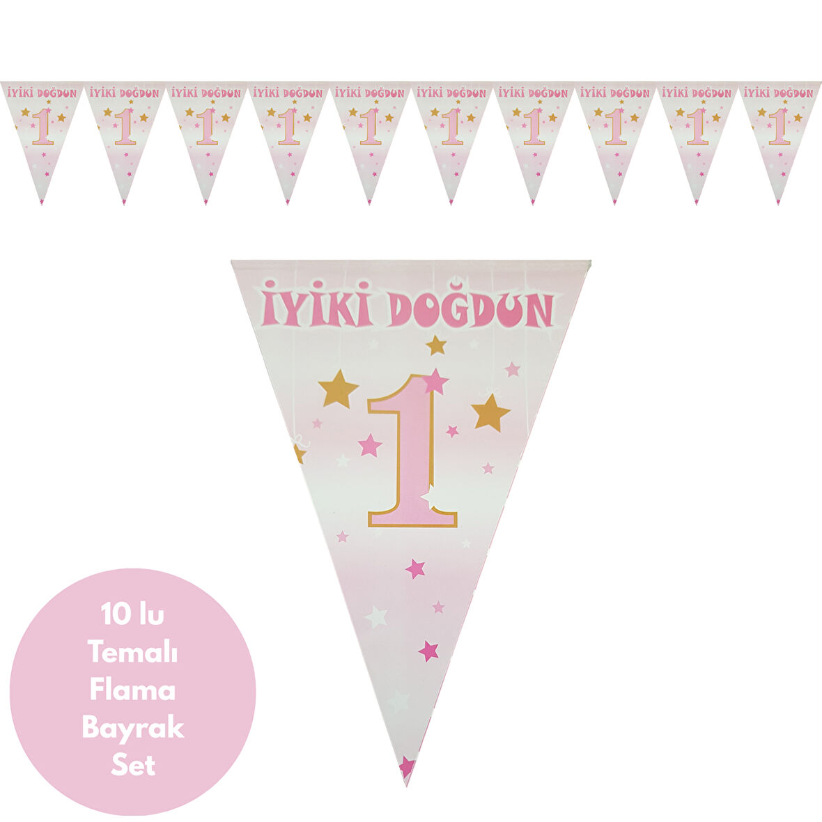 1 Yaş Pembe Altın Yıldızlı Flama Bayrak Set Süs