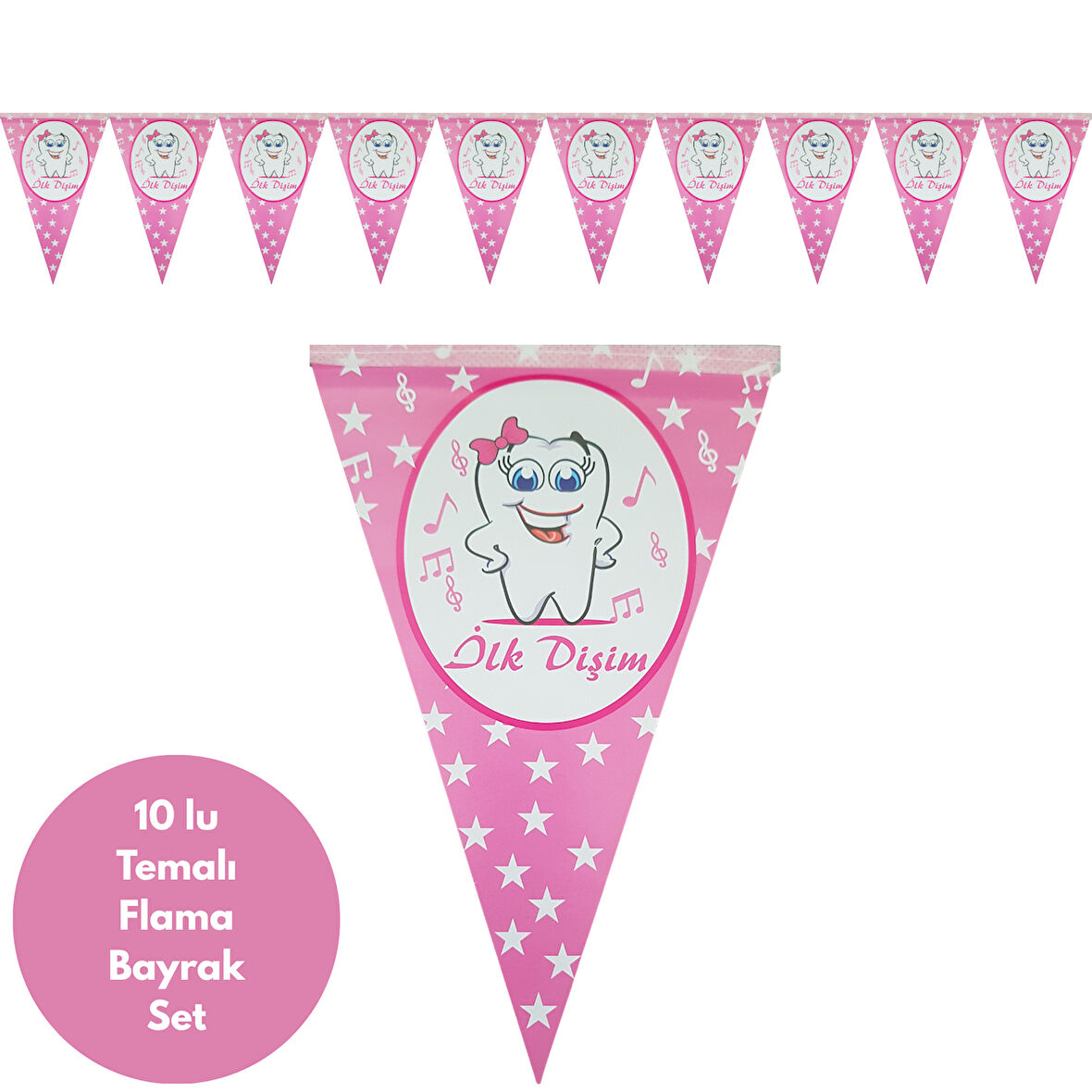 İlk Dişim Notalı Pembe Flama Bayrak Set Süs