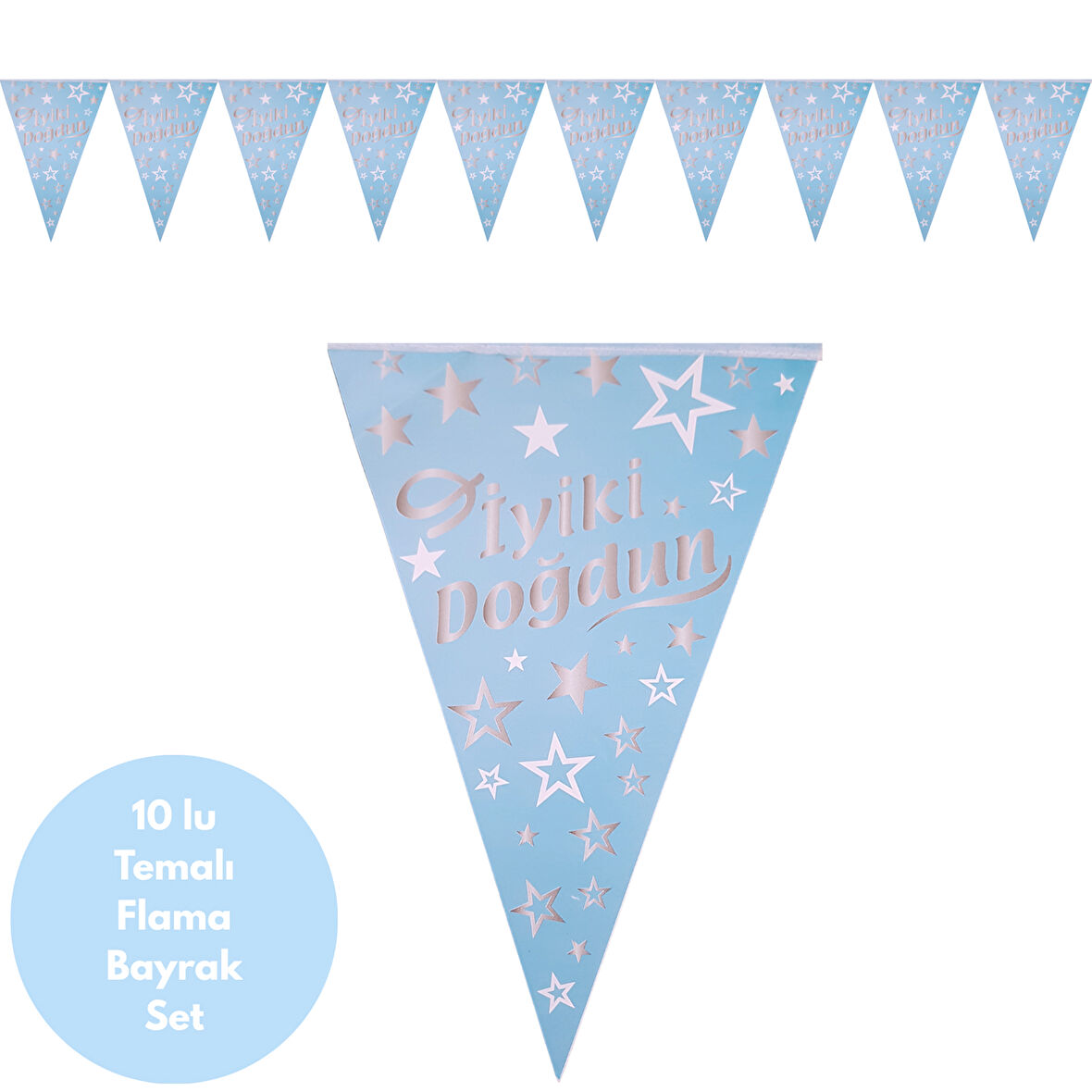 Mavi Üstü Gümüş Yıldızlı İyiki Doğdun Flama Bayrak Set Süs