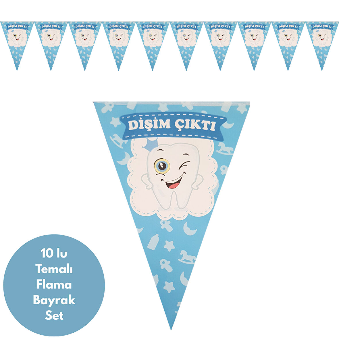 Dişim Çıktı Mavi Flama Bayrak Set Süs