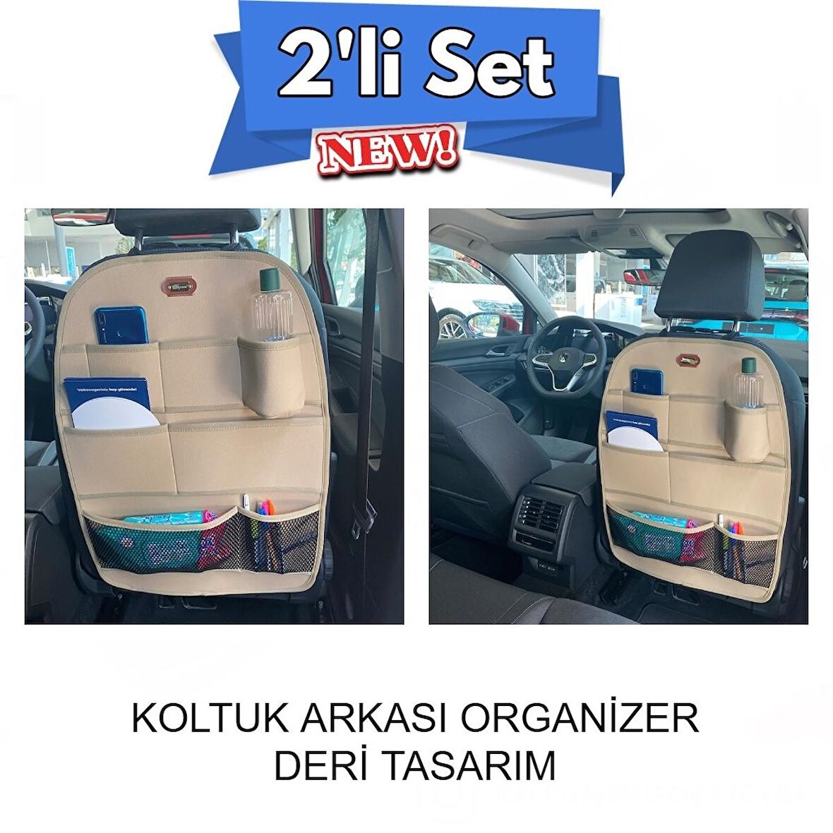 Dacia Duster Lüks Deri Organizer Koltuk Arkası Düzenleyici Koruyucu Bej İkili Set