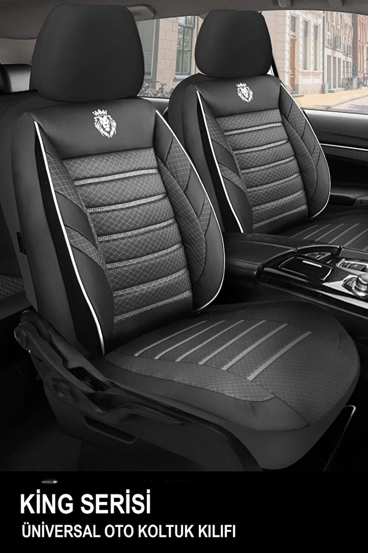 Rover 200  Uyumlu 5 KOLTUK TAM SET KRAL SERİSİ JAKAR OTO KOLTUK KILIFI SİYAH-BEYAZ ŞERİT