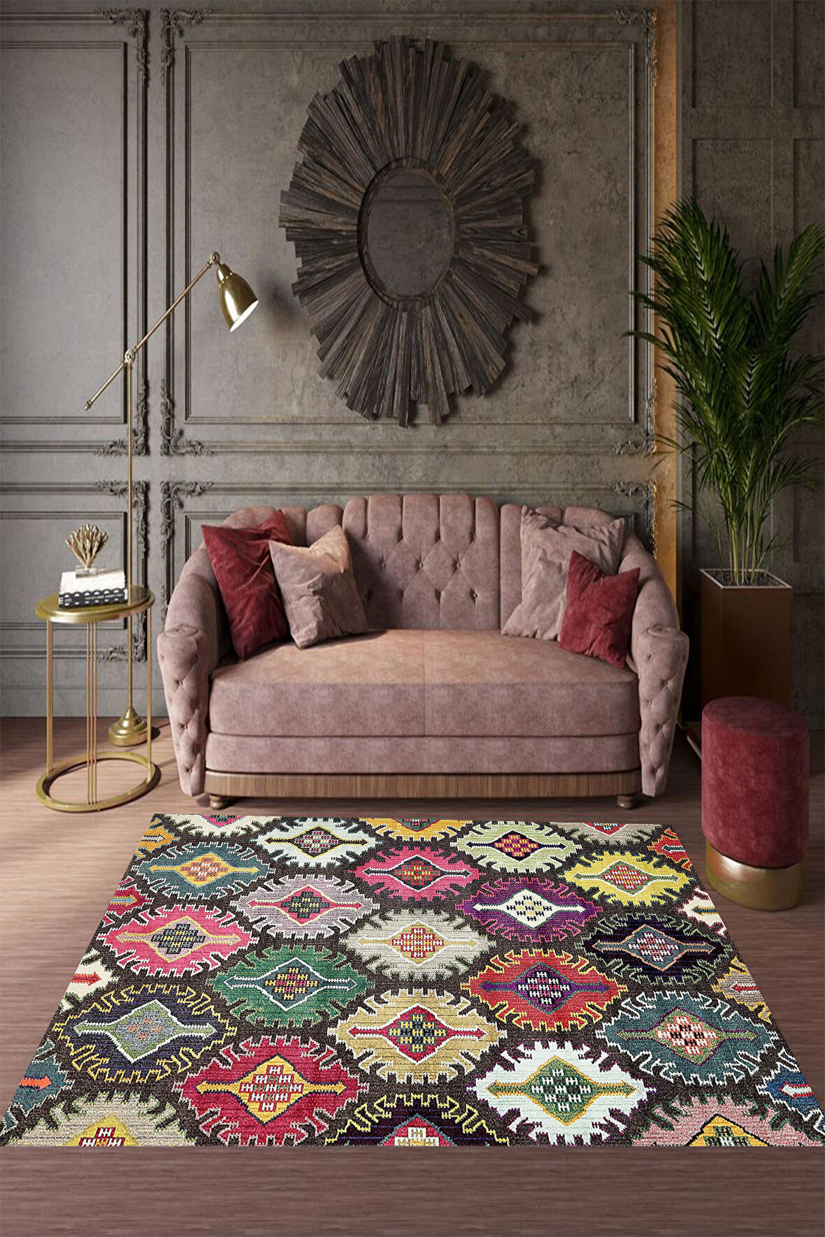Multi Deko Deri Kaymaz Taban Etnik Salon Saçaksız Halı E4123