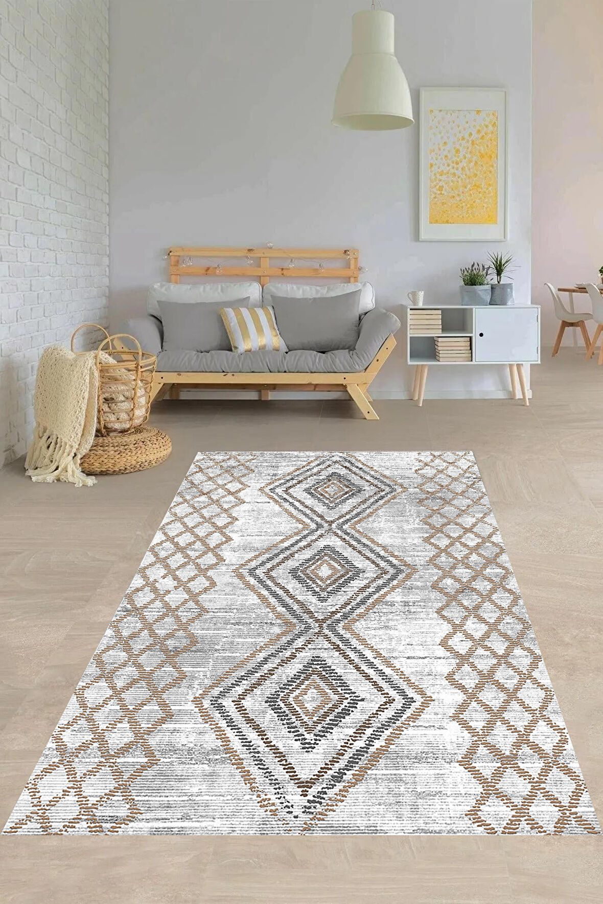 Gri-Kahve Deko Deri Kaymaz Taban Etnik Salon Saçaksız Halı E4128