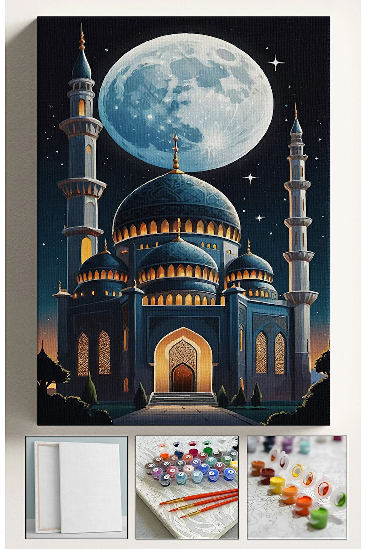 Sayılarla Boyama Hobi Seti Çerçeveli Numaralı Tuval Fırça Boya Dahil Kasnaklı DOLUNAY CAMİİ 40x50 Cm