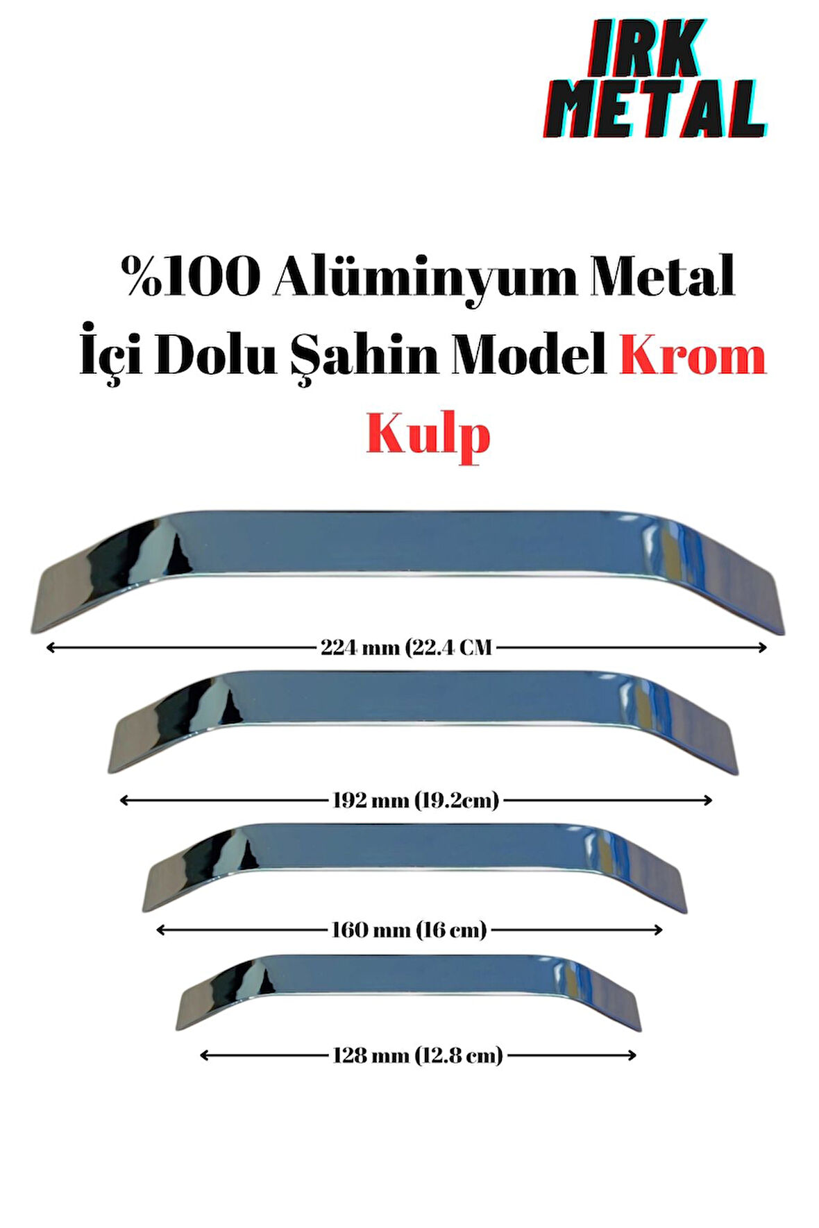 %100 Alüminyum Metal. Mobilya Mutfak Çekmece Kapak Kulbu İçi Dolu Şahin Model Krom  224mm-Gümüş