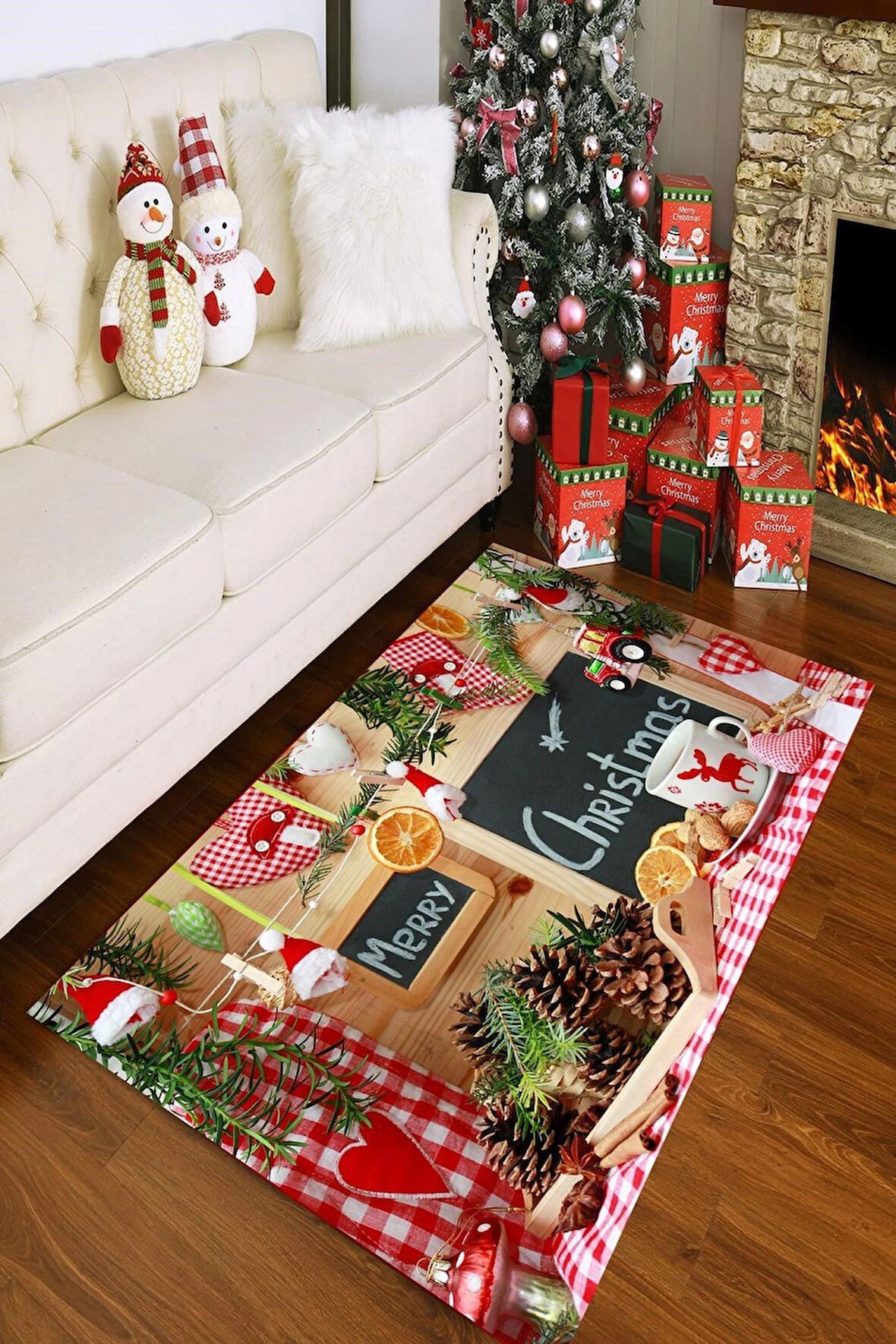 Dijital Baskılı Yıkanabilir Merry Christmas Yazılı Yeni Yıl Halısı