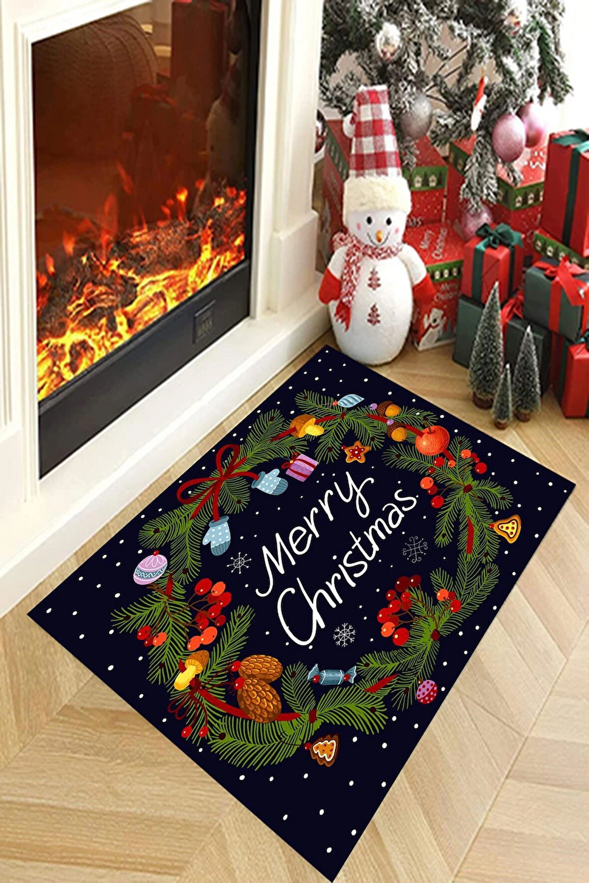 Dijital Baskılı Yıkanabilir Lacivert Renkli Merry Christmas Yazılı Yeni Yıl Halısı