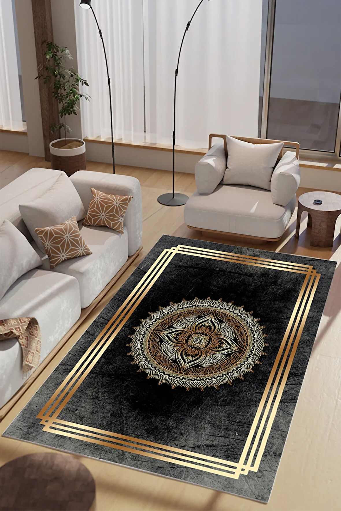 Gümüş Mavi Otantik Desenli Makinede Yıkanabilir Salon Halısı Yatak Odası Halısı & Yolluk Modelleri