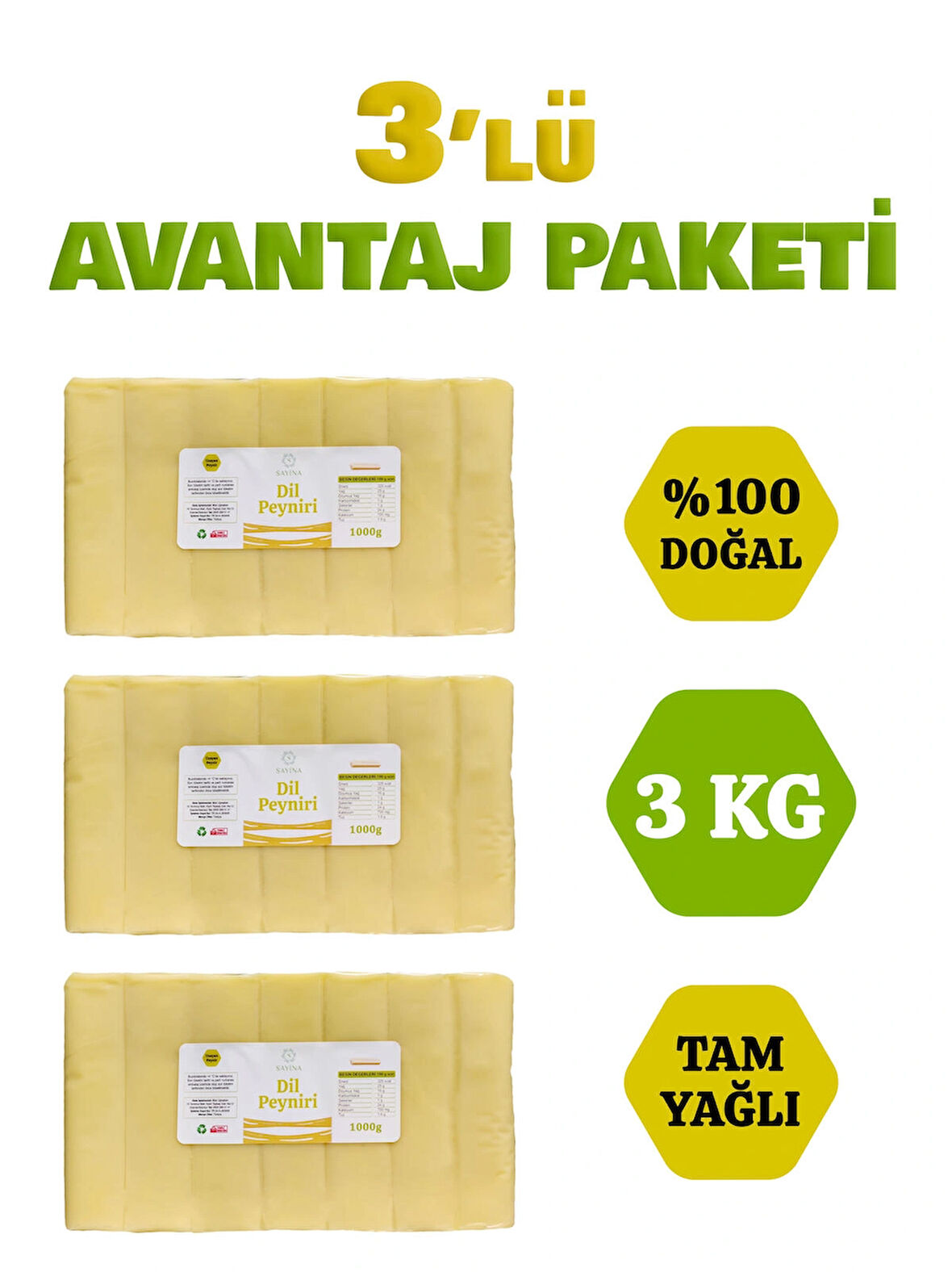 3 Adet 1 Kg Uzayan Dil Peyniri 3’lü Avantaj Paketi 3 KG