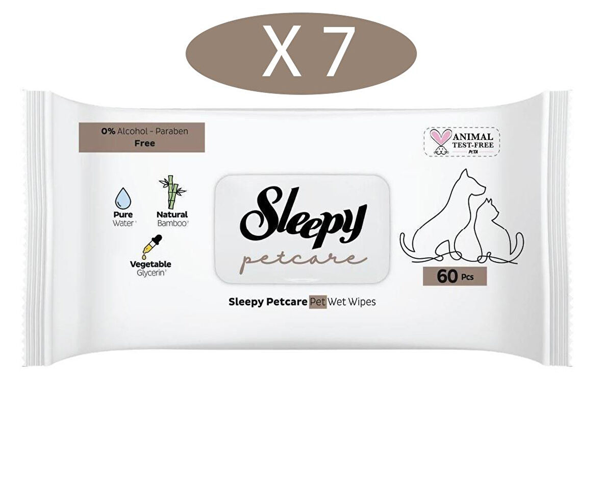 Sleepy Petcare Evcil Hayvan Islak Havlusu 60lı x 7 Adet (420 Yaprak)