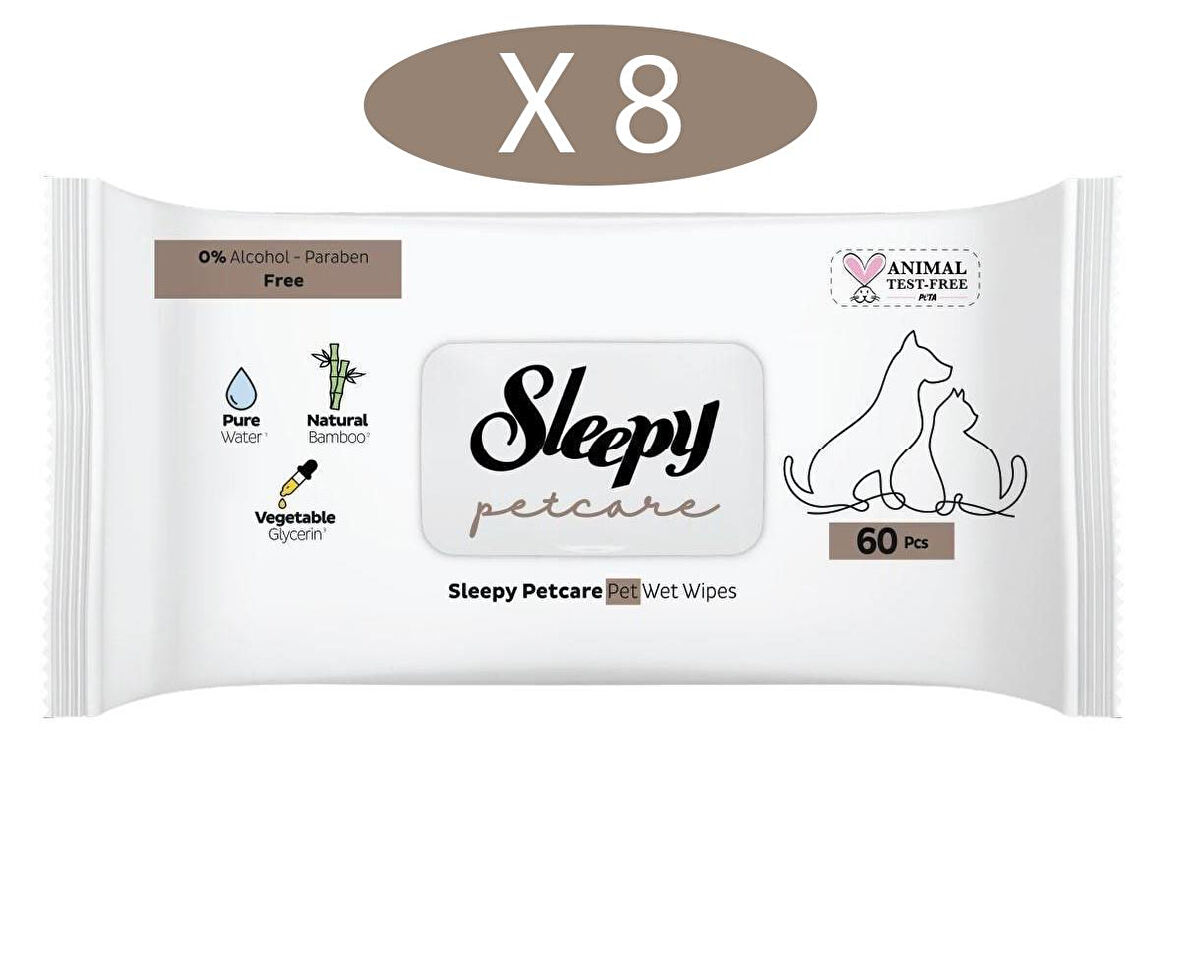 Sleepy Petcare Evcil Hayvan Islak Havlusu 60lı x 8 Adet (480 Yaprak)