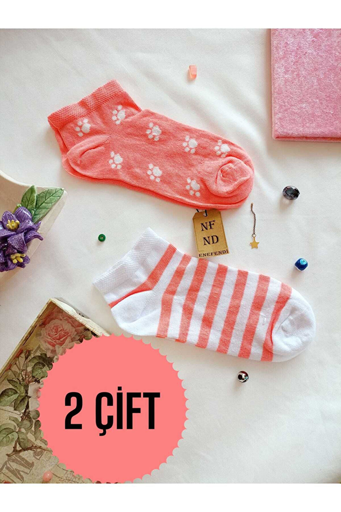 2 ÇİFT ÇORAP PAMUKLU BURUN DİKİŞSİZ YUMUŞAK KISA KONÇ DESENLİ KADIN PATİK ÇORABI 36-40 PEMBE BEYAZ