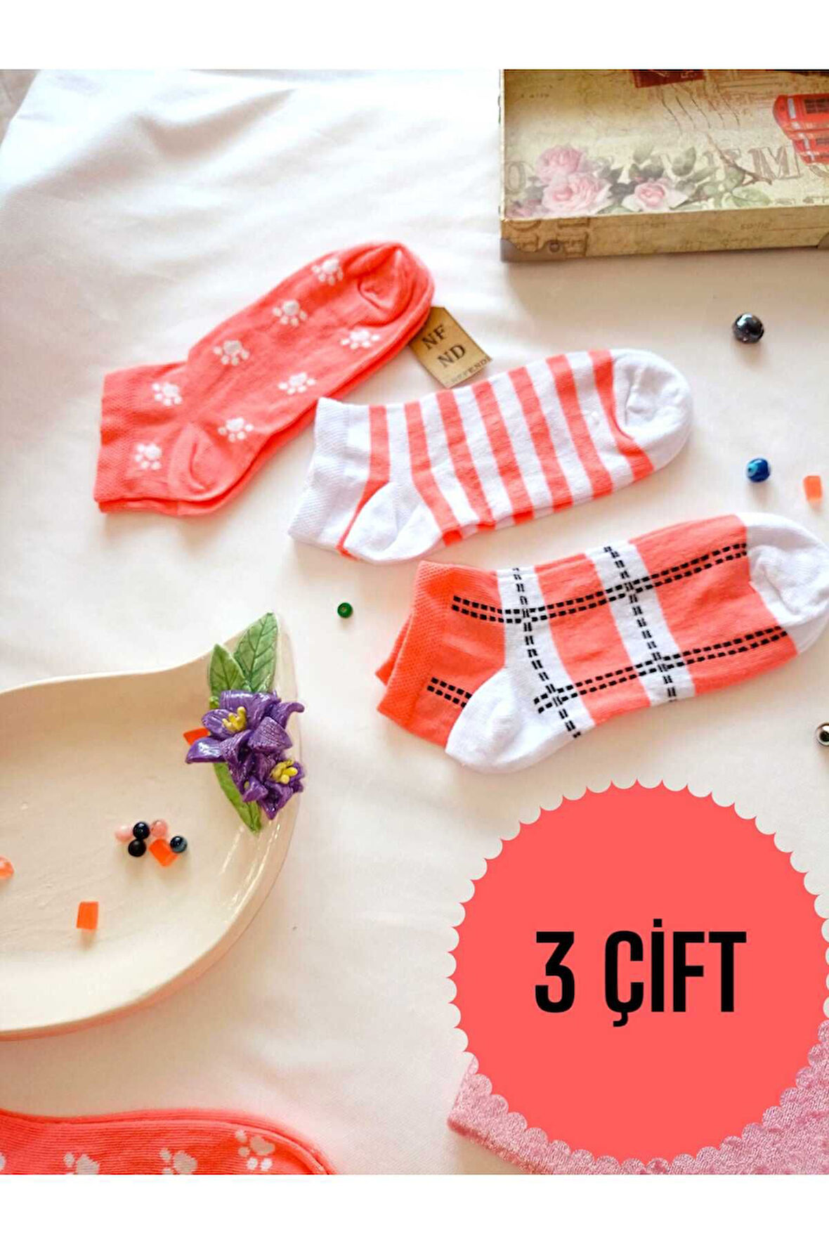 3 ÇİFT KADIN ÇORAP BURUN DİKİŞSİZ PAMUKLU KISA KONÇ DESENLİ PATİK ÇORABI 36-40 BEYAZ PEMBE