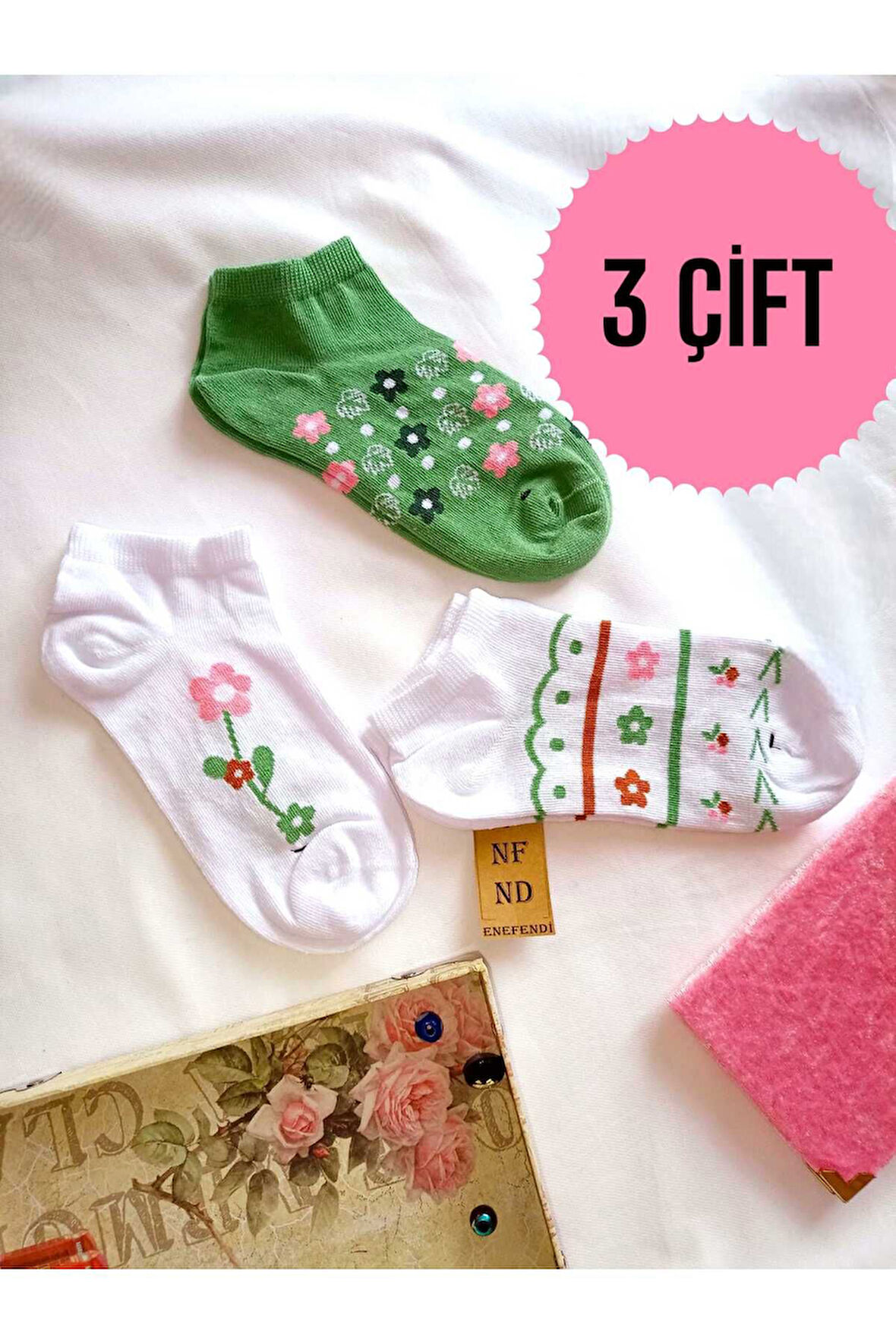 3 ÇİFT DİKİŞSİZ ÇORAP PATİK PAMUKLU KISA KONÇ KADIN ÇORABI 36-40 YEŞİL BEYAZ PEMBE ÇİÇEKLİ