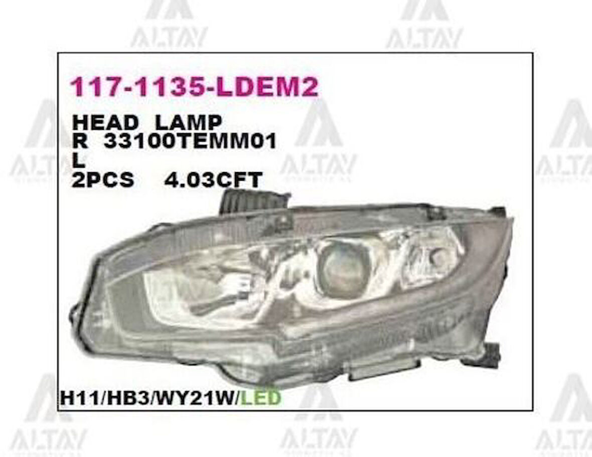 Depo 1171135LLDEM2 Ön Far Sol Honda Civic 16-Siyah Motoru Uzerınde Ledli 33150TEMM01