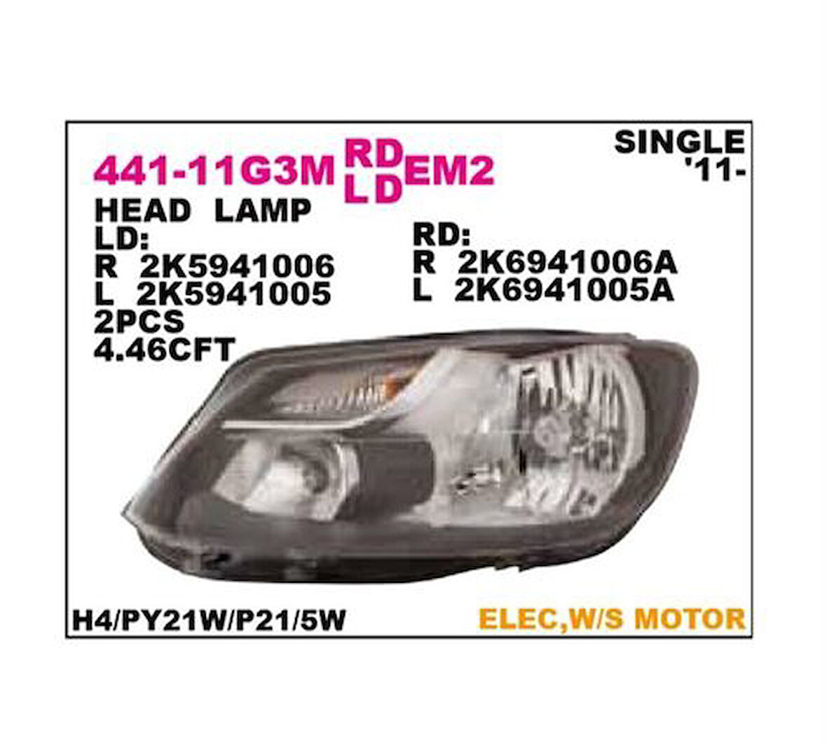 Depo 44111G3RMLDEM2 Ön Far Sağ Siyah Motorlu Volkswagen Caddy 9 2K5941006
