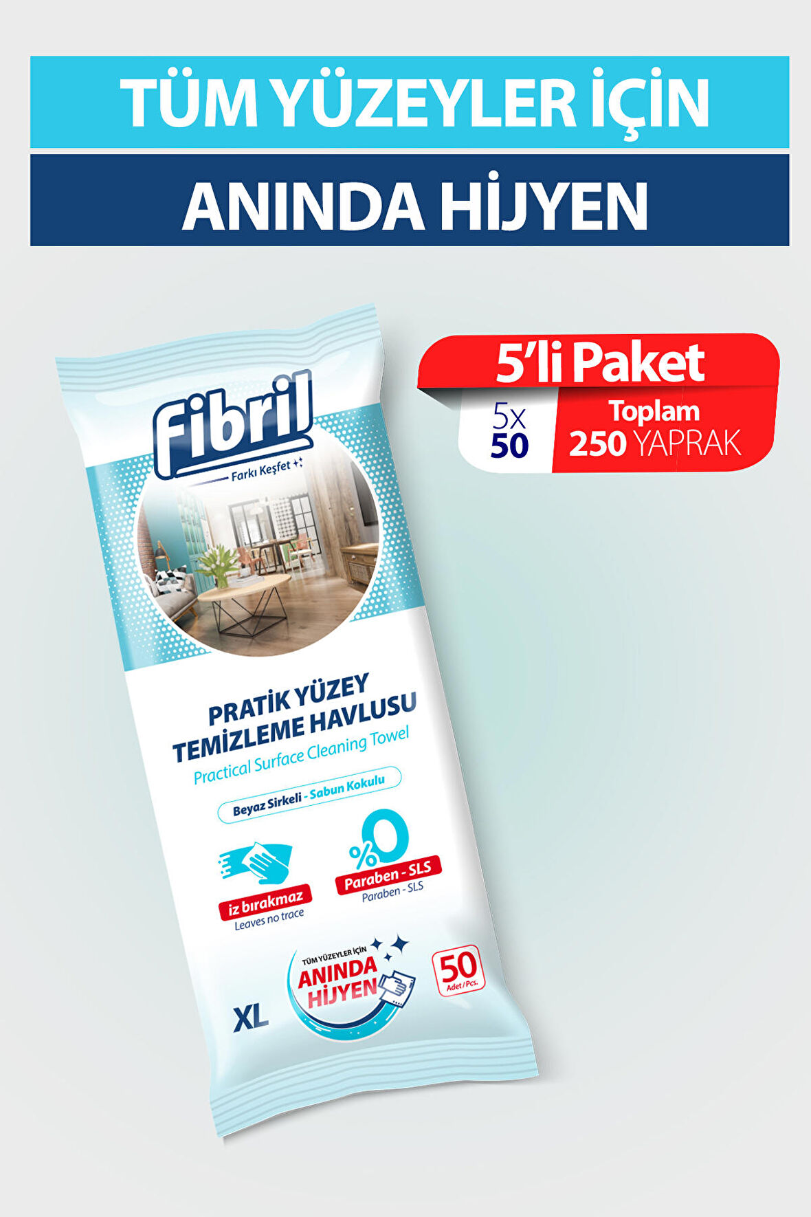 Fibril Yeni Pratik Yüzey Temizlik Havlusu Beyaz Sirkeli Sabun Kokulu 5 X 50 (TOPLAM 250 YAPRAK)