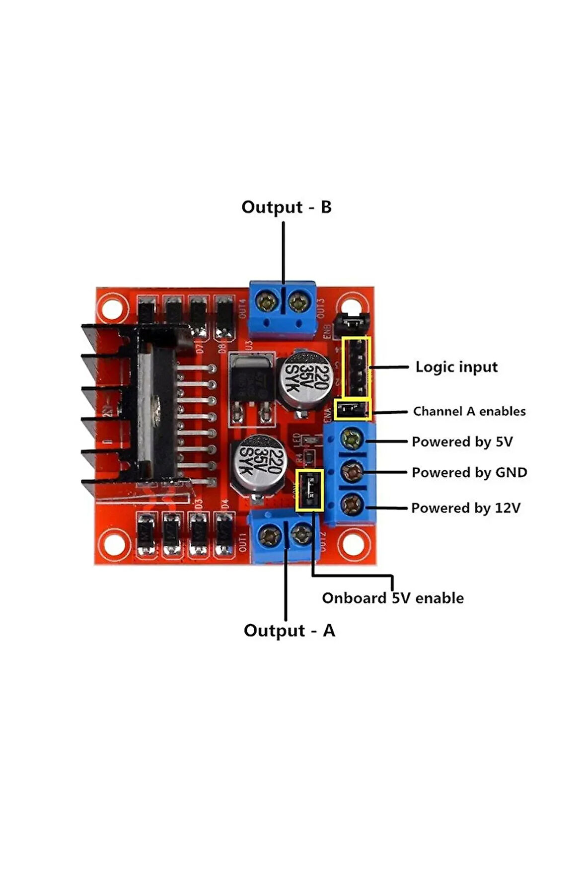 L298N Voltaj Regulatörlü Çift Motor Sürücü Kartı (Kırmızı PCB)