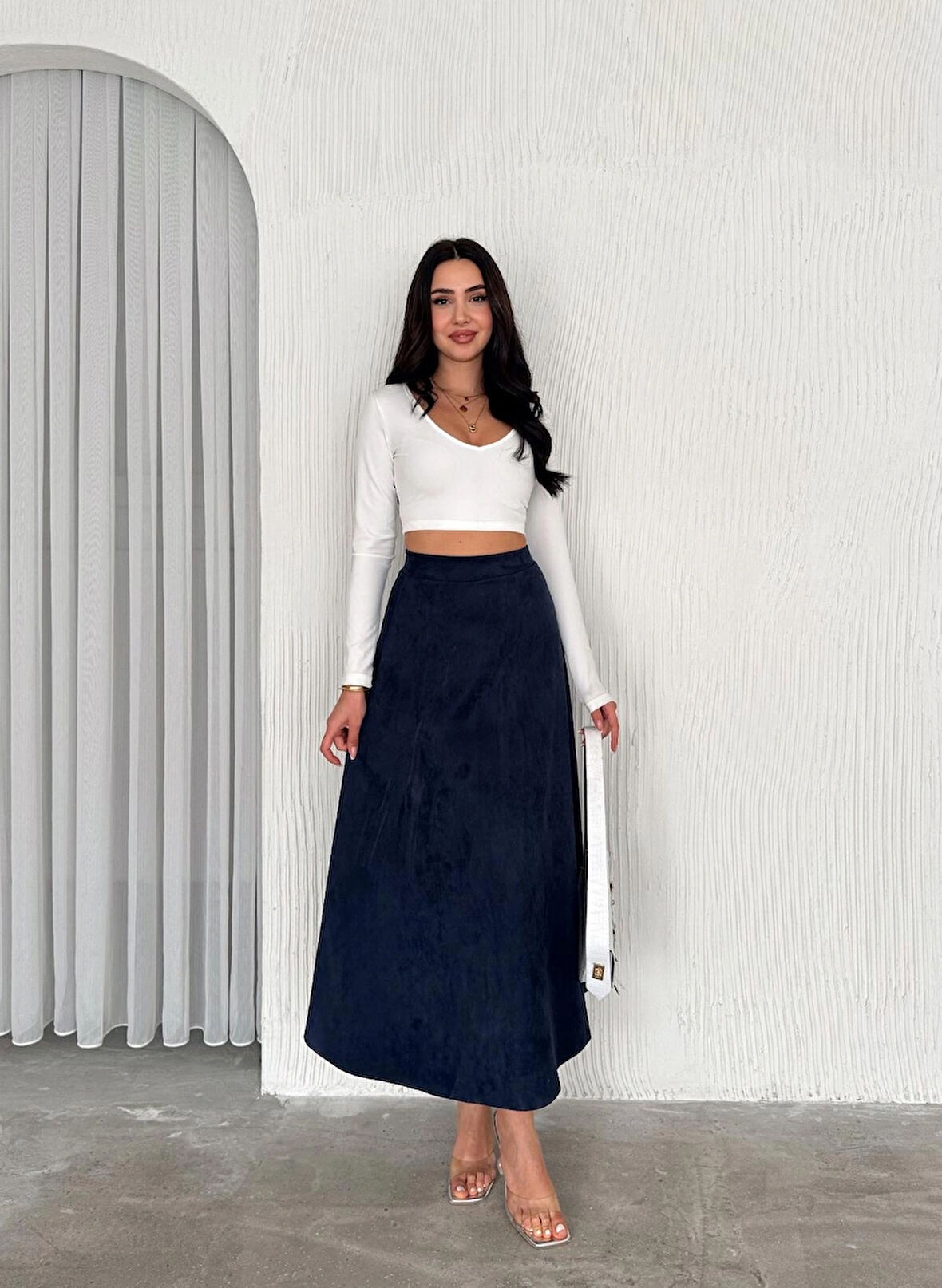 Kadın Süet Lacivert Kloş Uzun  Etek L