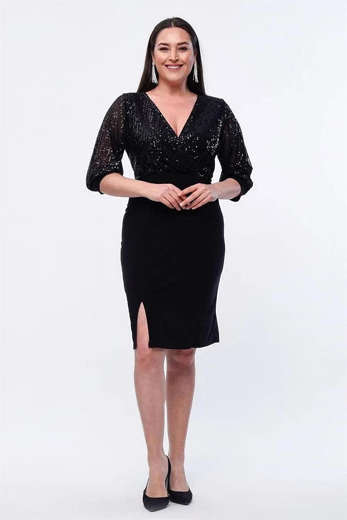 Kadın Siyah Payetli Kruvaze Yaka Yırtmaçlı Büyük Beden Abiye Elbise